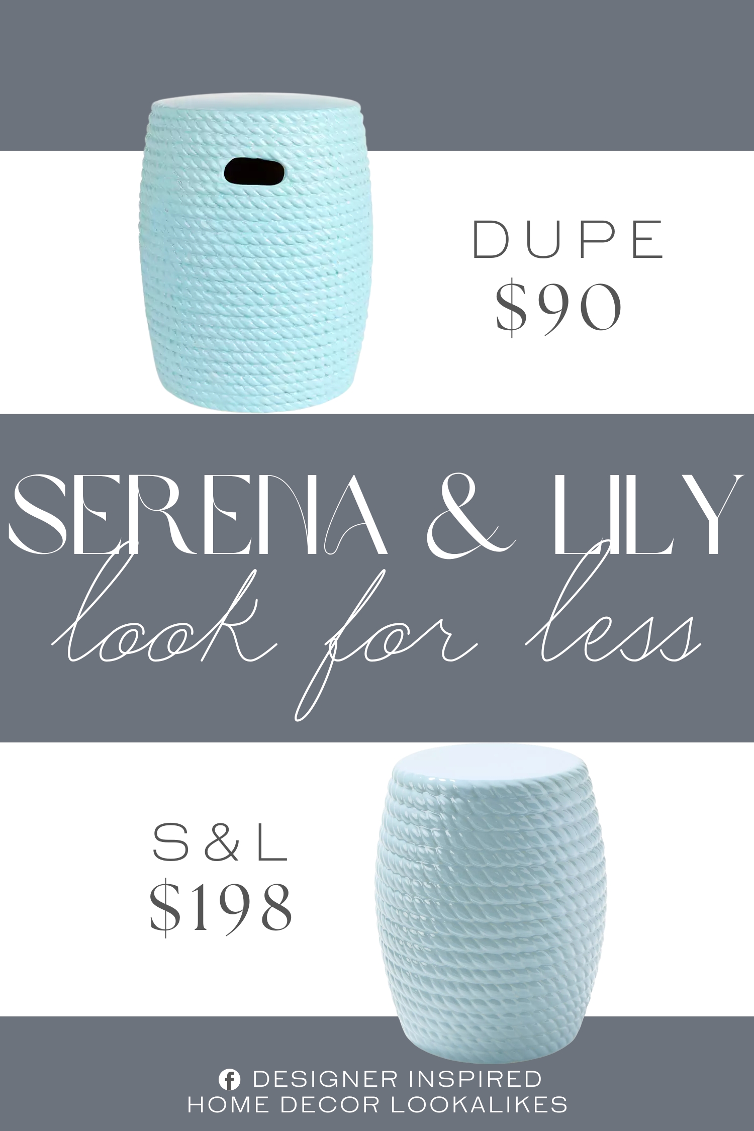 Serena & Lily Rope Stool Dupe. Crafted of ceramic. Blue finish. Features a rope design. Cut-out handles.