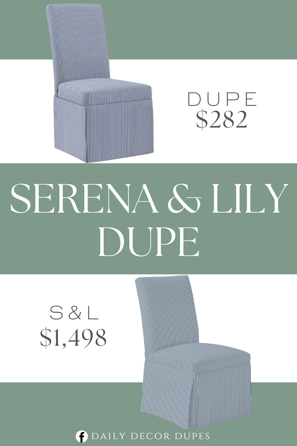 Serena & Lily Ross Side Chair Dupe. Charming Cottage Farmhouse Style. Non-removeable slipcover-look design. Tall-back Parson's chair silhouette. Elegant transition from seat to floor kick-pleat skirt. Comfortable padded seat. Solid wood frame.