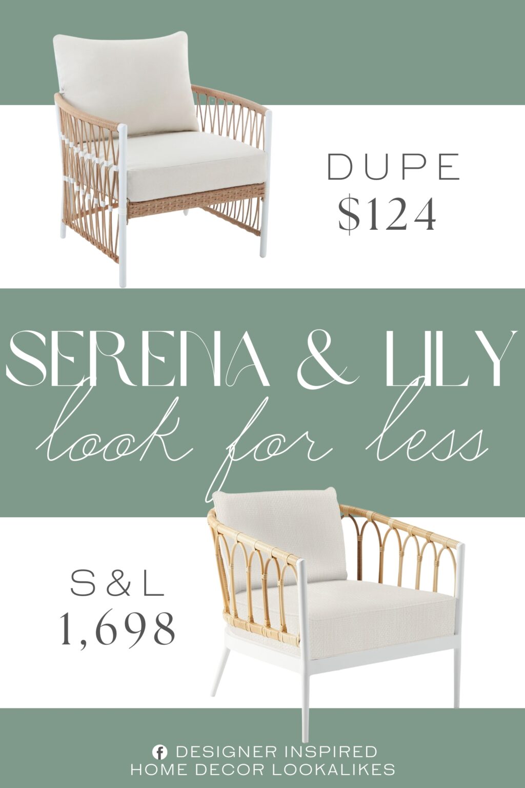 Serena & Lily Sausalito Lounge Chair Dupe. It feature a stylish wicker design and plush, weather-resistant cushions for comfort. The cushions are made with durable solution-dyed polyester.