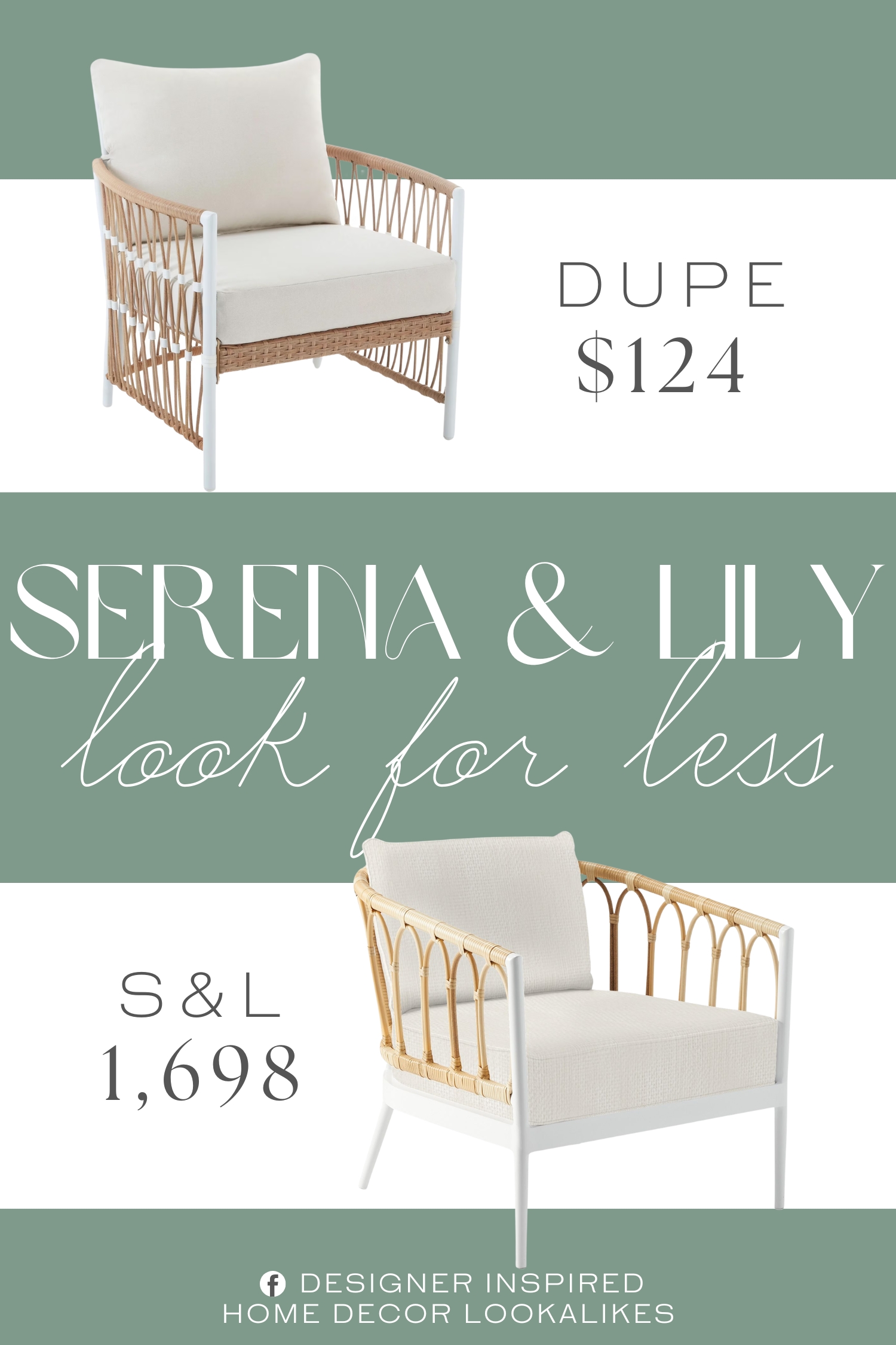 Serena & Lily Sausalito Lounge Chair Dupe. It feature a stylish wicker design and plush, weather-resistant cushions for comfort. The cushions are made with durable solution-dyed polyester.