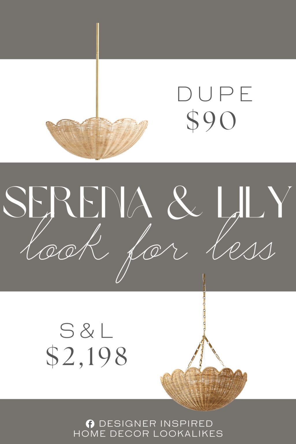 Serena & Lily Scallop Chandelier Dupe. Made of natural rattan and metal with golden-brass finish.
