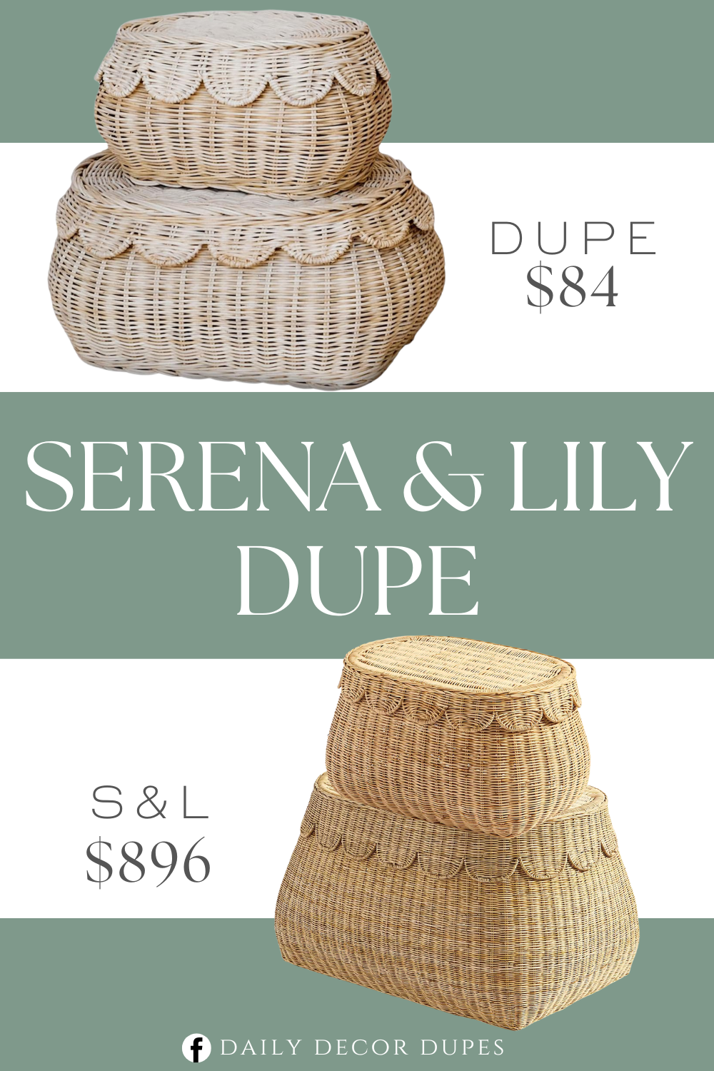 Serena & Lily Scallop Rattan Basket Dupe. Rattan material. Natural color. Scalloped shape. Woven basket with lid. Product dimensions 15"D x 10"W x 6"H.