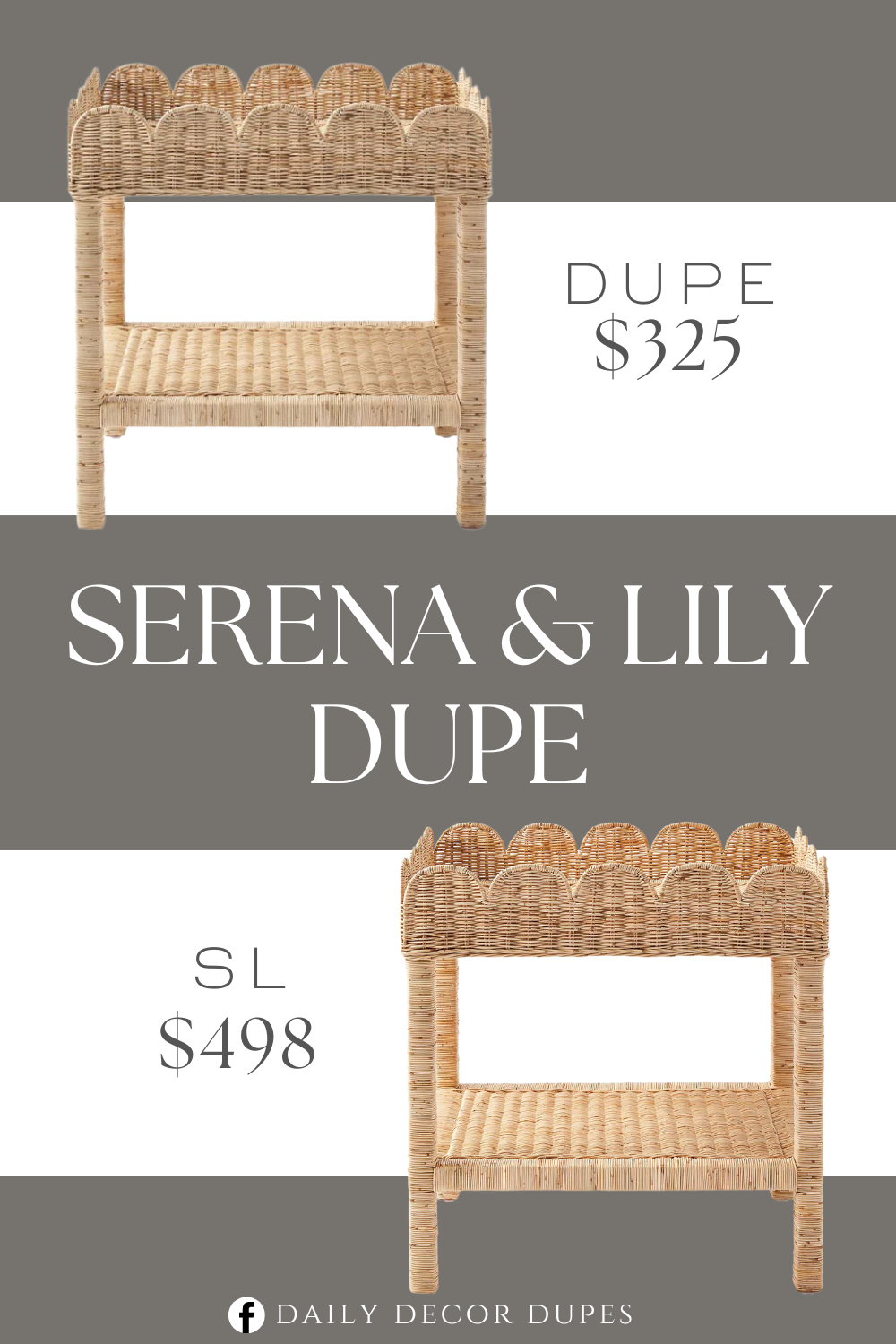 Serena & Lily Scallop Rattan Side Table Dupe. Classic scallop design. Contemporary living room furniture. Ample shelf storage. Dimensions: 25" x 18" x 22"; 17lb.