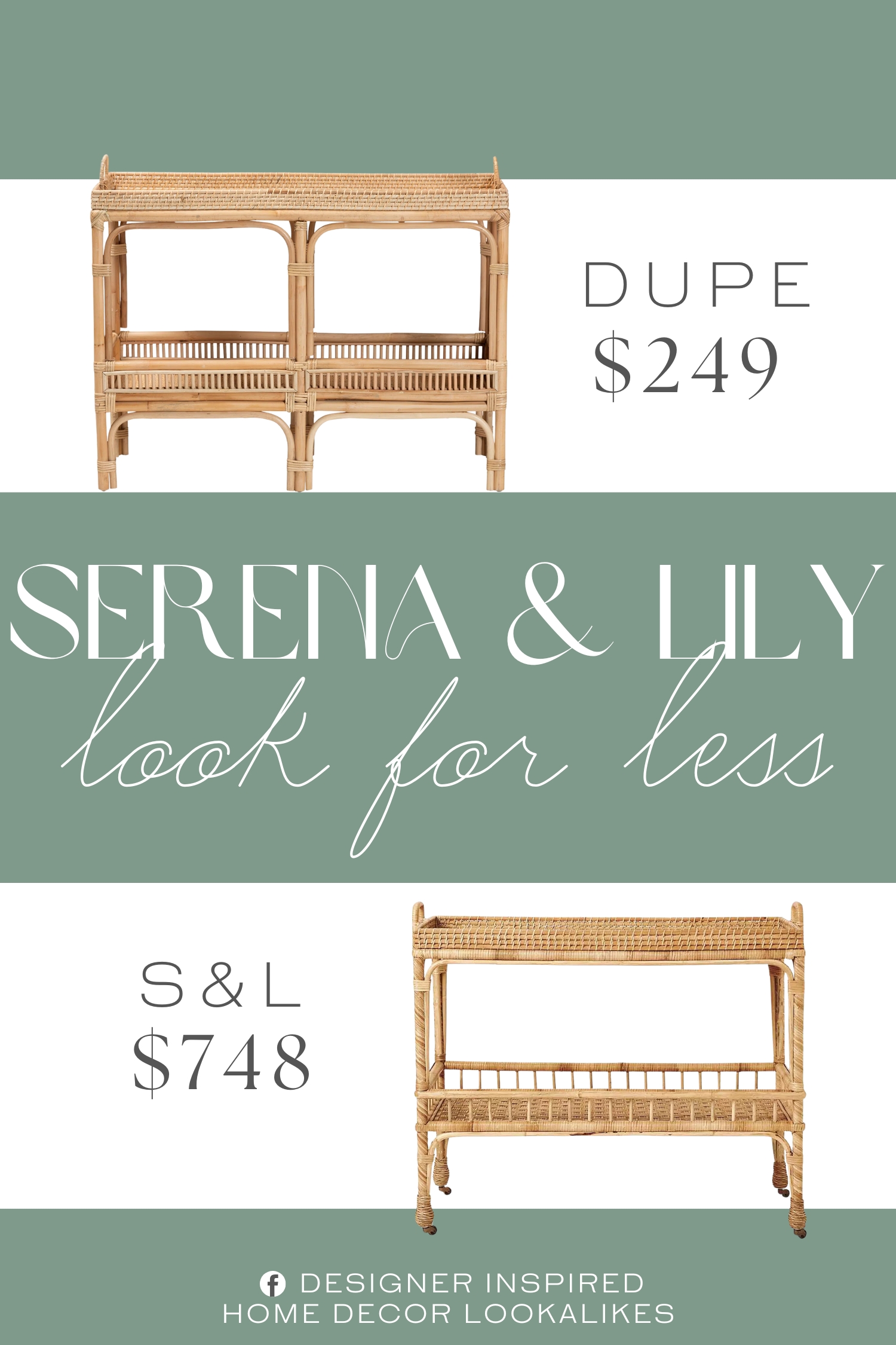 Serena & Lily South Seas Rattan Bar Cart Dupe. Constructed from natural rattan. Rectangular tabletop. One lower shelf.