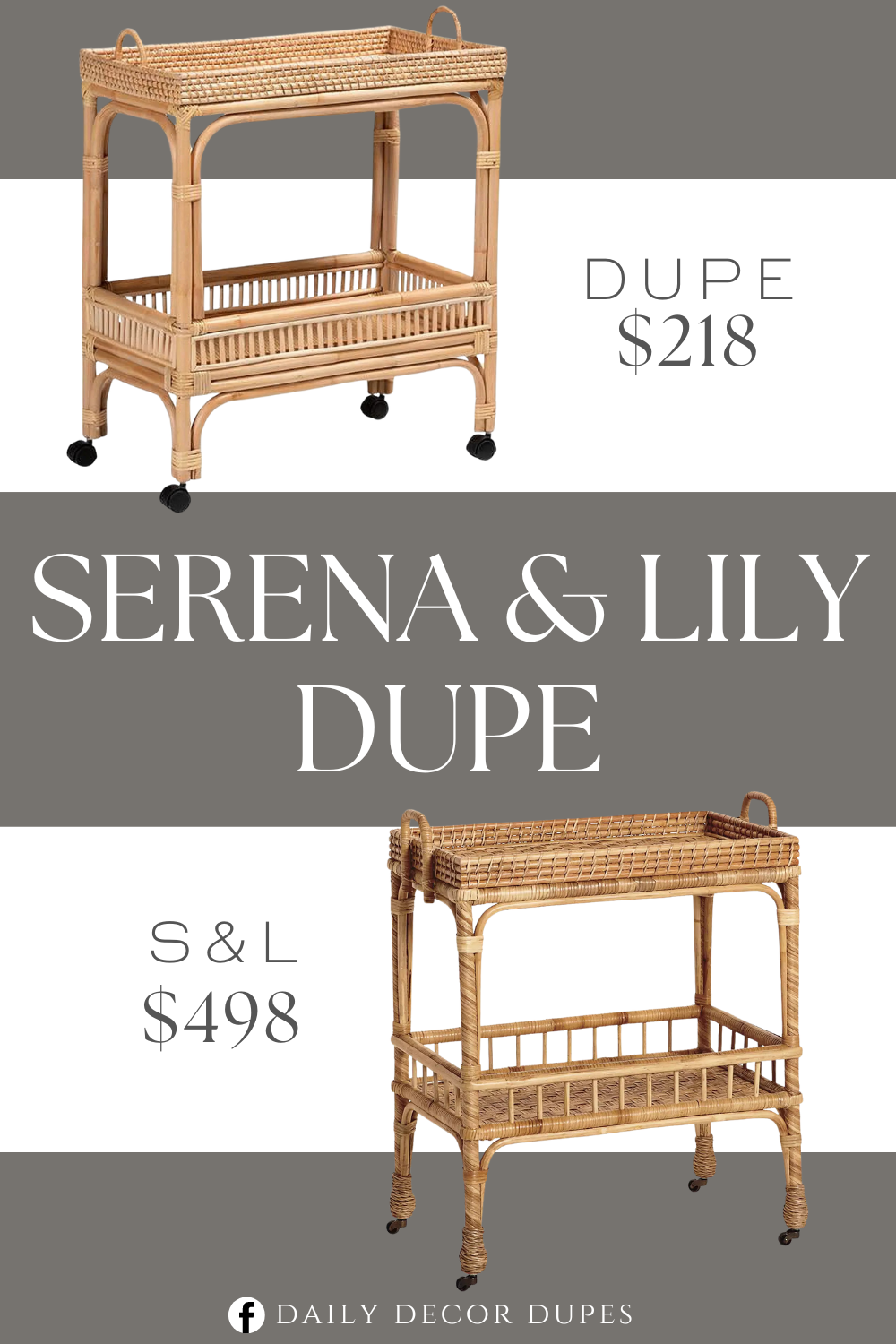 Serena & Lily South Seas Rattan Side Cart Dupe. This wine cart is made from natural rattan and engineered wood for durability and 1 open shelf. The woven synthetic rattan embellishments add unique style. Bohemian wine cart constructed from natural rattan and engineered wood for durability.