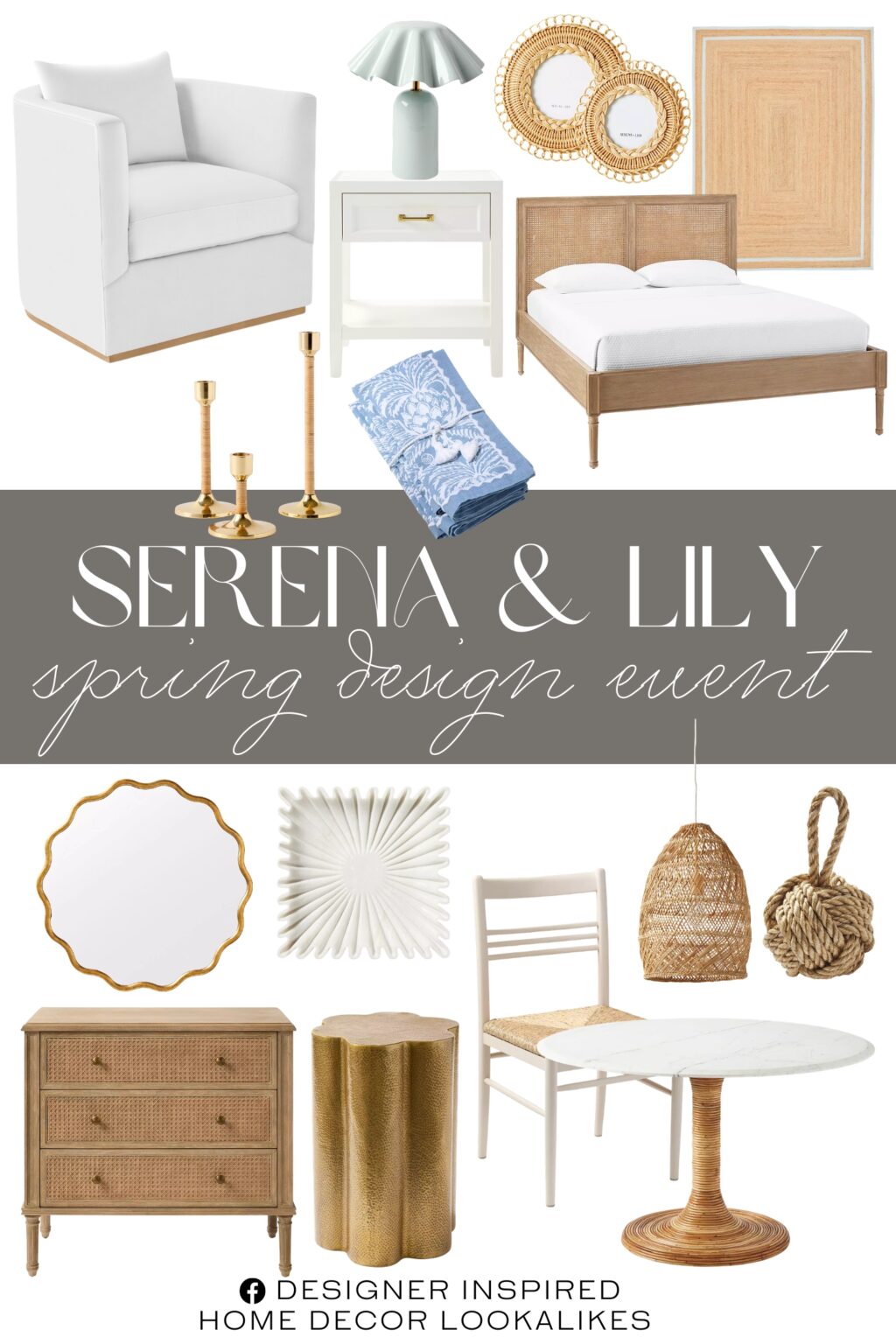 Serena & Lily Spring Design Event. Bali Rattan Frame. Maritime Door Stopper. Parkwood Swivel Chair. Ellison 1-Drawer Nightstand. Jute Double Border Rug. Brooks Fluted Cordless Table Lamp. Southampton Dining Table. Avondale Martini Table. Harbour Cane Bed. Meyers Dining Chair. Wave Mirror. Tilden Marble Tray. Harbour Cane Chest. Larkspur Taper Candle Holder. Sicily Napkin. Headlands Rattan Bell Pendant.