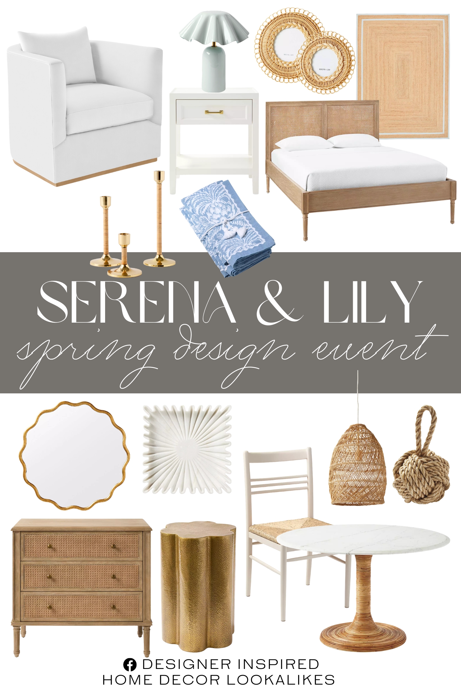 Serena & Lily Spring Design Event. Bali Rattan Frame. Maritime Door Stopper. Parkwood Swivel Chair. Ellison 1-Drawer Nightstand. Jute Double Border Rug. Brooks Fluted Cordless Table Lamp. Southampton Dining Table. Avondale Martini Table. Harbour Cane Bed. Meyers Dining Chair. Wave Mirror. Tilden Marble Tray. Harbour Cane Chest. Larkspur Taper Candle Holder. Sicily Napkin. Headlands Rattan Bell Pendant.