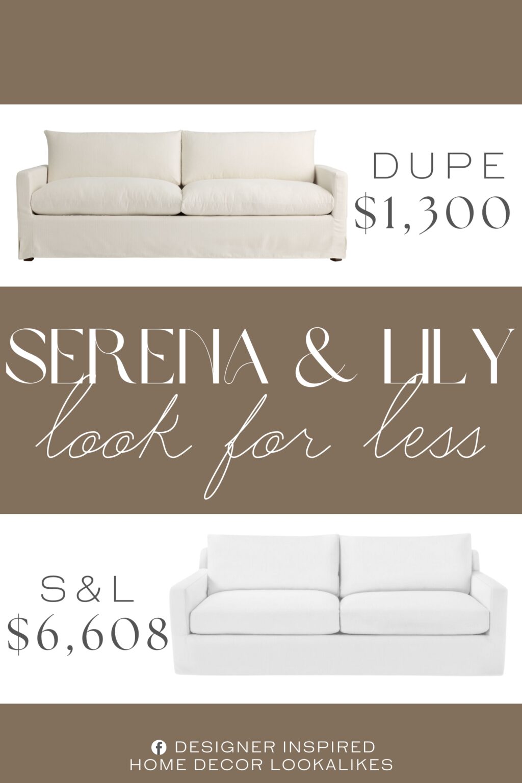 Serena & Lily Summit Sofa Dupe. Made of solid pine wood frame with polyester-nylon performance upholstery, feather filling and rubberwood feet with espresso finish.