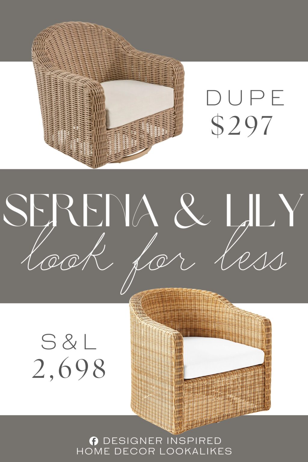 Serena & Lily Tofino Swivel Chair Dupe. Handwoven, all-weather double wall weave wicker Powder-coated steel frame for rust resistance