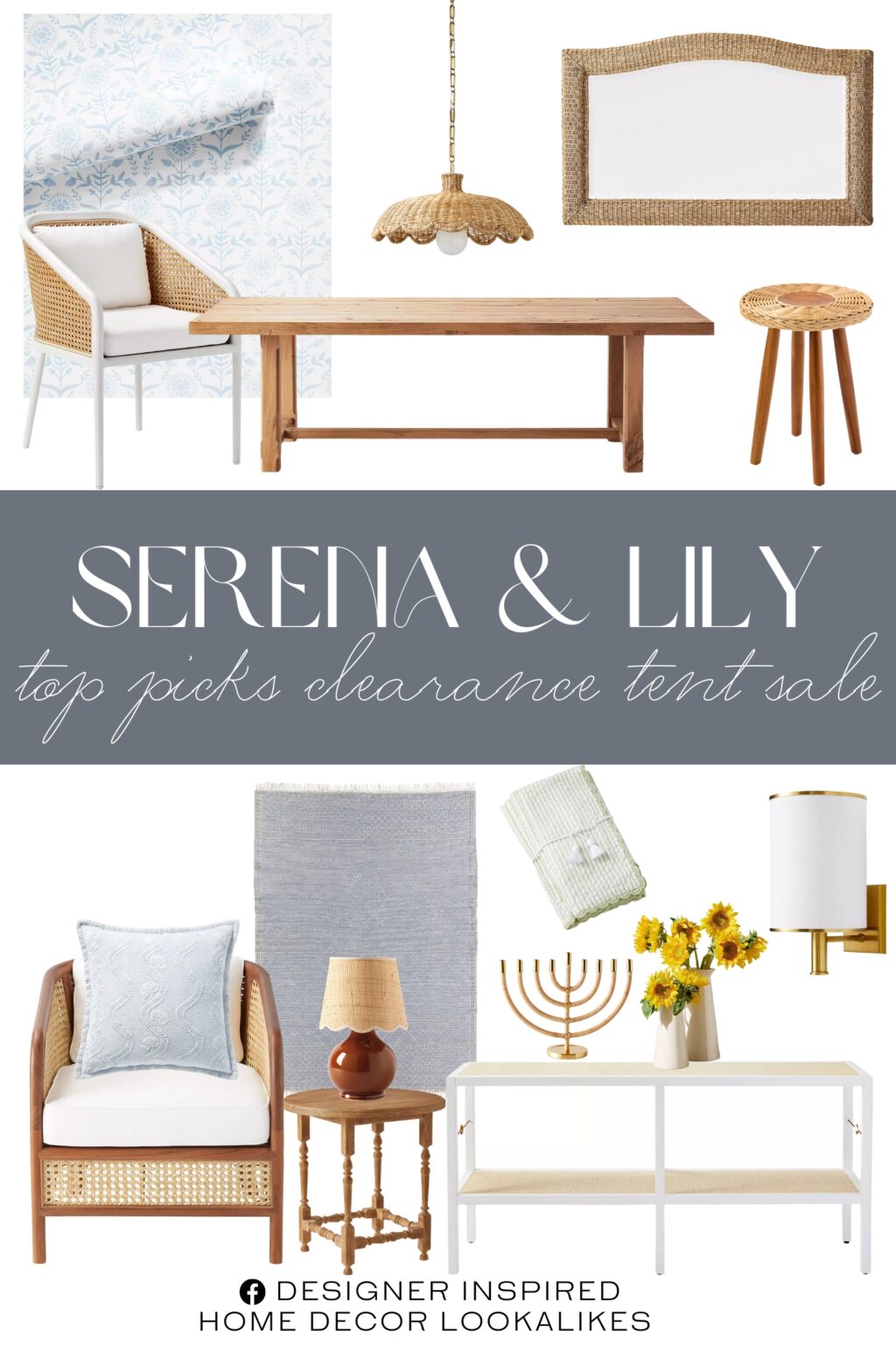 Serena & Lily Top Picks Clearance Tent Sale. Scallop Rattan Pendant. Dune Mirror. Cobble Hill Side Table. Maldive Lounge Chair. Stinson Dining Table. Seersucker Napkin. Kingsbury Rug. Cabot Console. Dover Vases (Set of 3). Puglia Dining Chair. Teak and Wicker Stool. Larkspur Menorah. Ahrens Sconce. Sunflower Wallpaper.