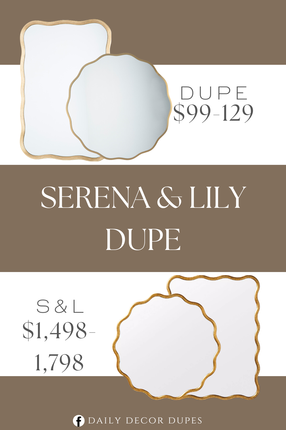 Serena & Lily Wave Wall Mirror Dupes. Gold tone rectangular frame, scalloped edges. d-ring attachments for mounting. Overall dimension 24in W x 36in H. Wavy round frame design, gold frame. d-ring attachments for hanging. Overall dimension 36in diameter.