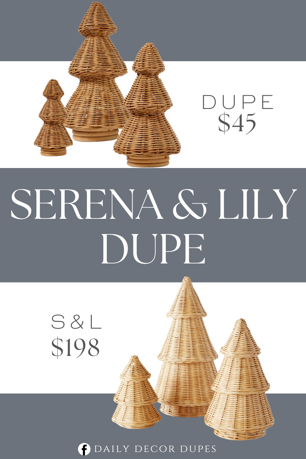 Serena & Lily Wicker Christmas Trees Dupe. Large basket-weave artificial Christmas tree. These small, medium, large faux Christmas tree features a woven rattan construction for attractive style and texture, along with a flat base for easy placement on any surface.