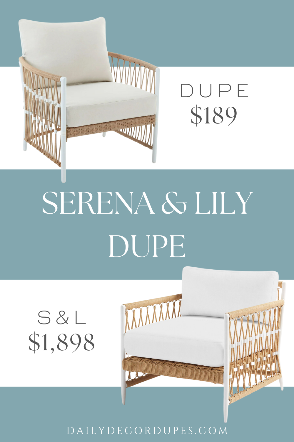 Serena and Lily Salt Creek Lounge Chair Dupe Dupes Light Dune Color. Fabric Perennials Basketweave White. Plush Solution-Dyed Polyester cushions.