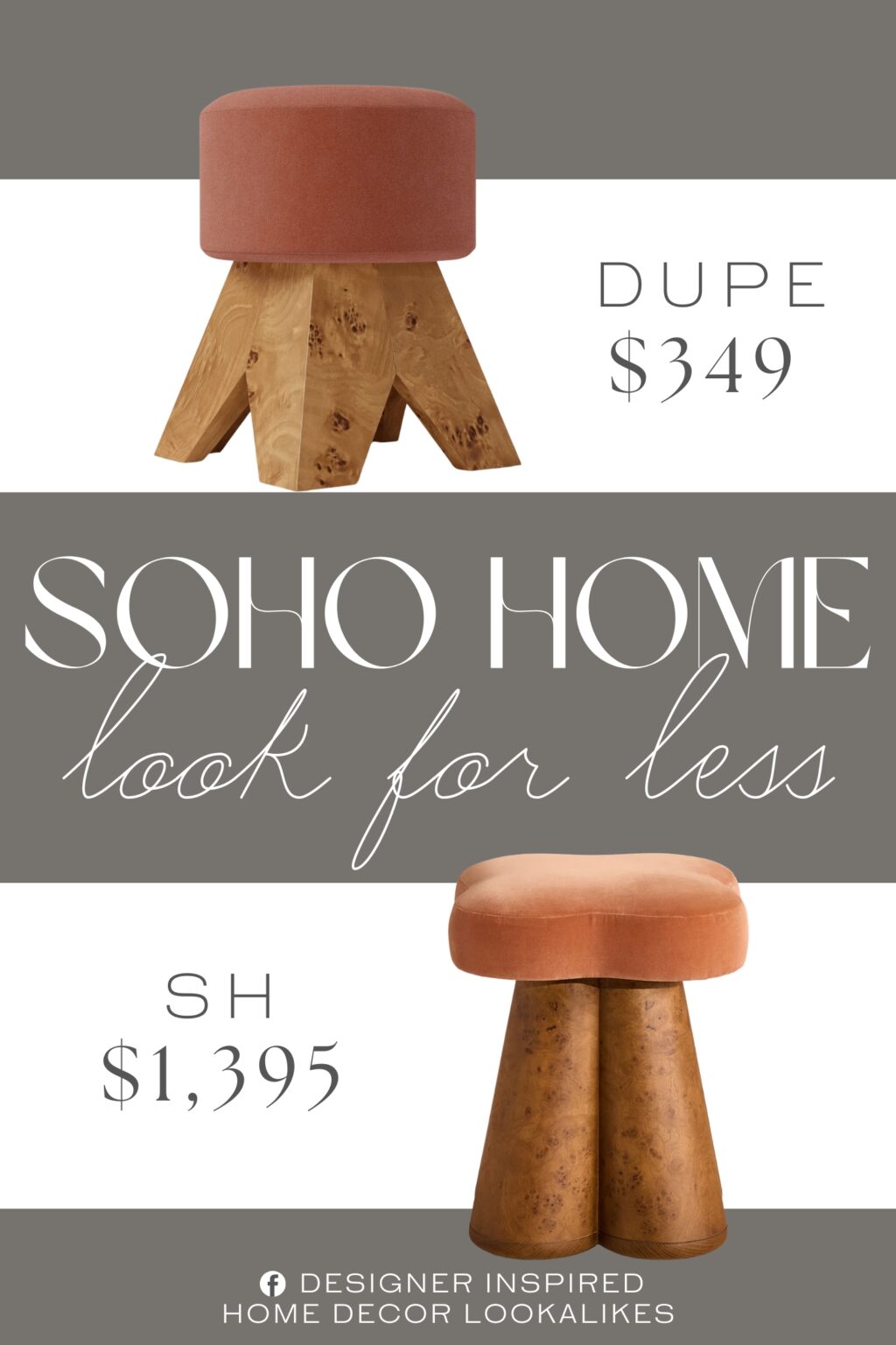 Soho Home Albany Footstool Dupe. Solid beech and mappa burl veneer over engineered wood legs. All wood is kiln-dried for added durability.