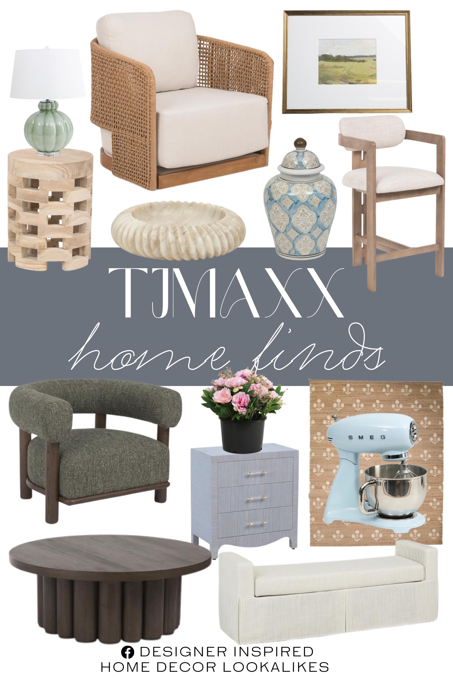 TJMaxx Home Finds. Outdoor Safe Peony Drop In Arrangement. Outdoor Teak Swivel Accent Chair. Patterned Ginger Jar With Lid. Ashley Counter Stool. Solid Wood Coffee Table. Jute Blend Orchard Floral Area Rug. Teak Wood Round Accent Table. Cleo Storage Bench. Lars Solid Ash Wood Frame Accent Chair. Retro Style Aesthetic Stand Mixer. Solid Marble Ribbed Bowl. Metallic Wall Portrait Frame. 3 Drawer Wavy Bottom Accent Table. Ribbed Glass Table Lamp With Drum Shade.