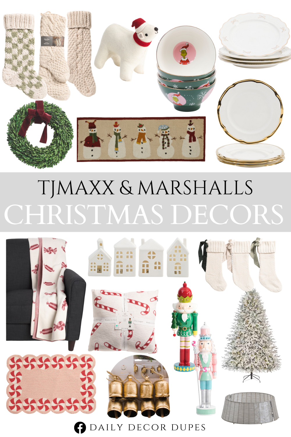 Tjmaxx & Marshalls Christmas Decors. Beaded Tree Collar. Gold Iron Bells Garland. Wool Blend Candy Cane Scalloped Hook Rug. Porcelian Houses Set. Candy Throw. Preserved Real Boxwood Wreath. Candy Cane Pillows. Nutcracker With Tree. Pastel Nutcracker Decor. Artificial Christmas Tree. Gold Bow Dinner Plates. Salad Plates. Chilly Snowmen Hooked Rug. Grinch Cereal Bowls. Polar Bear Decor. Aidan Knit Stocking. Aidan Knit Stockings. Robyn Stocking.