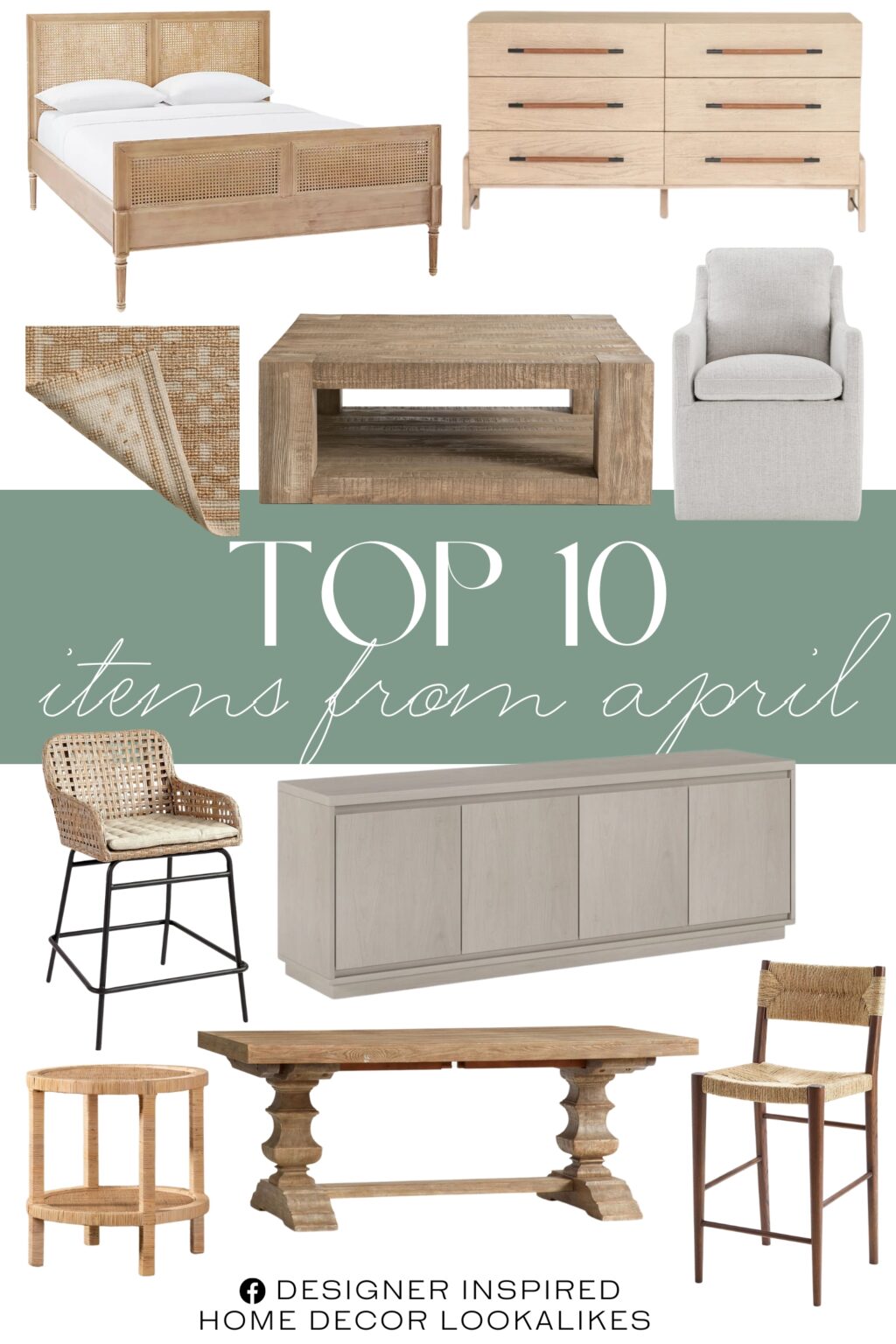 Top 10 Items from April. Banks Extendable Dining Table. Rattan and Mahogany Solid Wood End Table. Woven Counter Stool. Dining Arm Chair. Cane Bed with Footboard. Portside Counter Stool. Square Reclaimed Wood Coffee Table. Natural / Ivory Area Rug. Rectangular TV Stand.