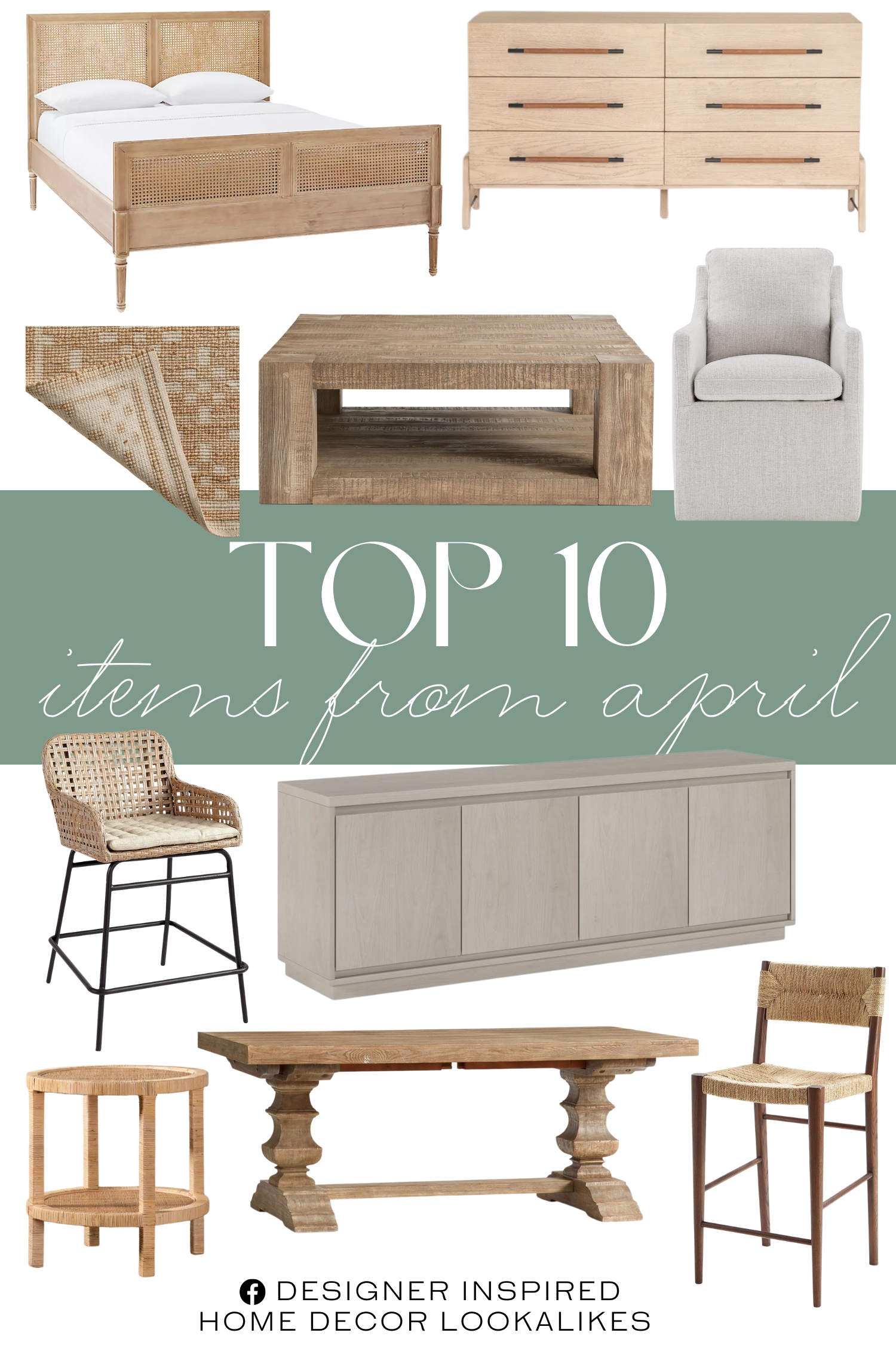 Top 10 Items from April. Banks Extendable Dining Table. Rattan and Mahogany Solid Wood End Table. Woven Counter Stool. Dining Arm Chair. Cane Bed with Footboard. Portside Counter Stool. Square Reclaimed Wood Coffee Table. Natural / Ivory Area Rug. Rectangular TV Stand.