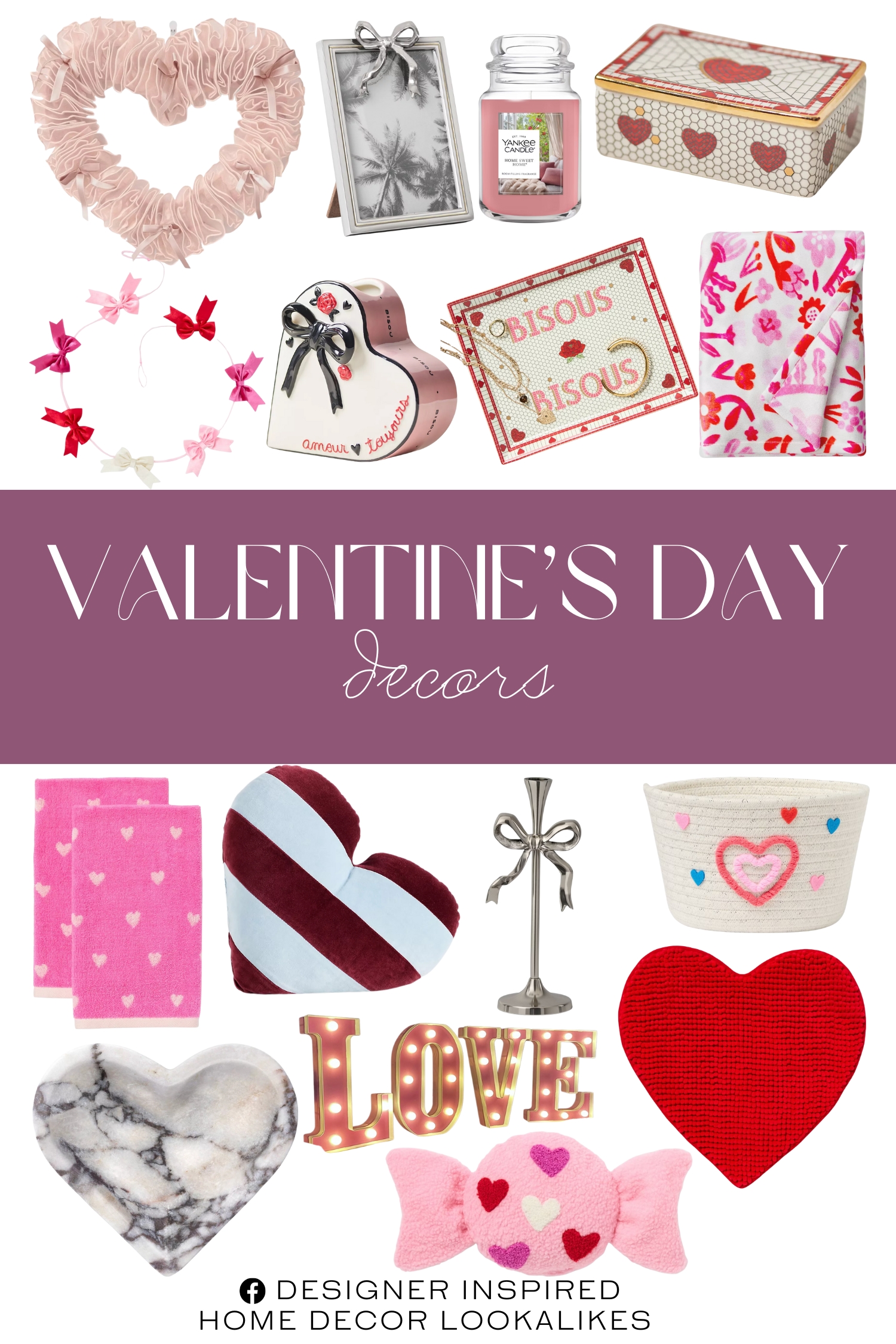 Valentine’s Day Decors. Original Large Jar Candle. Printed Plush Throw. Valentine's Day Bow Garland. Valentine's Day Mini Heart Dot Hand Towel Set. Valentine's Day Small Giftable Candy Pillow. Valentine's Day Heart Shaped Bath Rug. 4pk Valentine's Taper Candle Set. Valentine's Day Marble Heart Dish. Valentine's Day Bow Taper Candle. The Bistro Tile Stoneware Trinket Box. The Bistro Tile Stoneware Vanity Tray. Andie Velvet Heart-Shaped Pillow. Amour Ceramic Heart Vase. 5"x7" Metal Bow Frame. Valentine's Day Rope Basket. 4 LED Marquee Light Up Letters "LOVE".