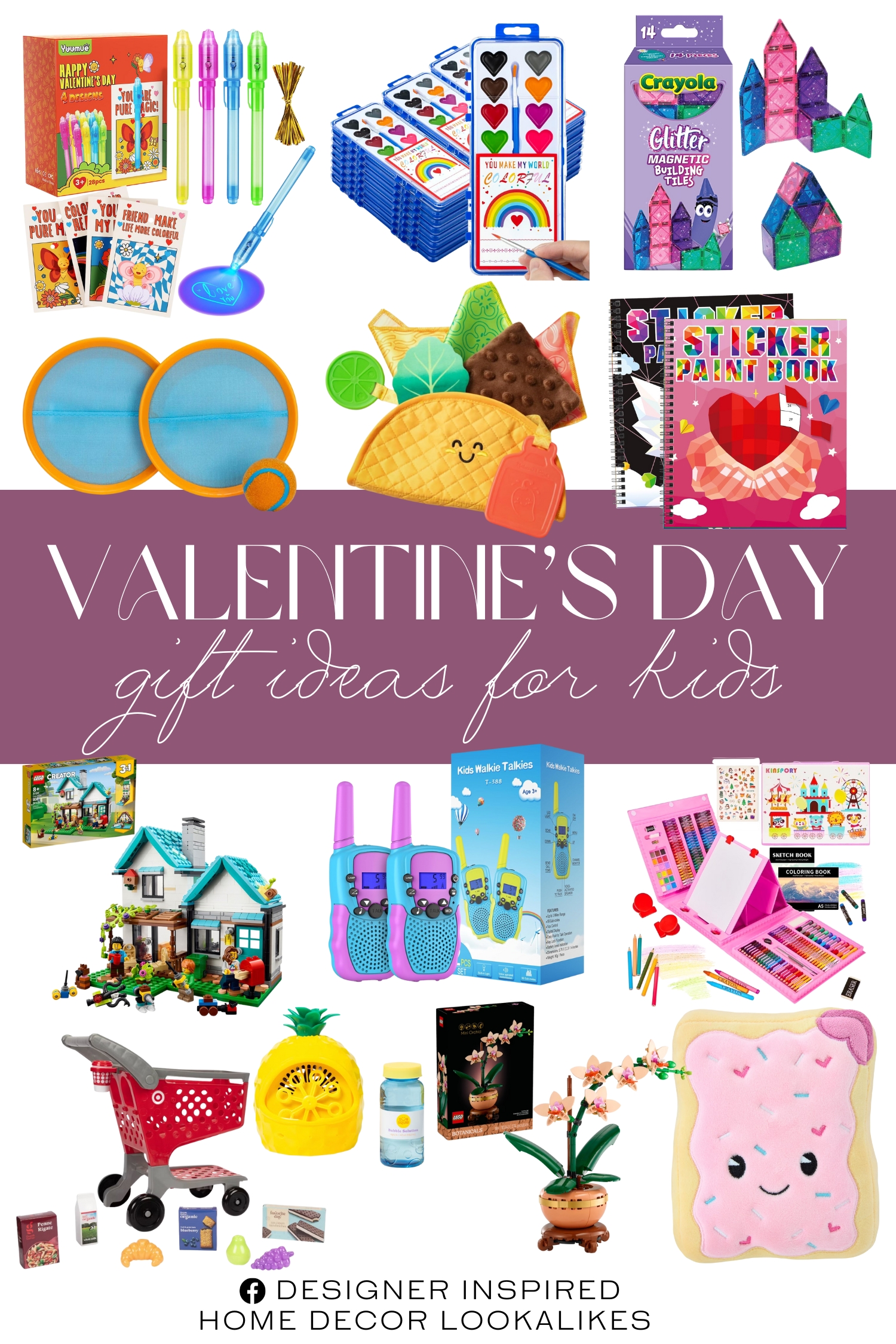 Valentine’s Day Gift Ideas for Kids. Valentines Day Gifts Cards with Invisible Ink Pen Set. CreateOn Crayola Magnetic Tiles. LEGO Creator 3 in 1 Cozy House Building Toys. 2PCS Valentine's Day Crafts for Kids. Selieve Toys. Watercolor Paint Set with Paintbrush for Kids. Small Frosted Toaster Pastry Plush. Coloring Art Set with Double-Side Trifold Art Easel. LEGO Botanicals Mini Orchid Building Set. Paddleball Set for Ages 6 and Up. Pineapple Bubble Maker. Target Toy Shopping Cart.