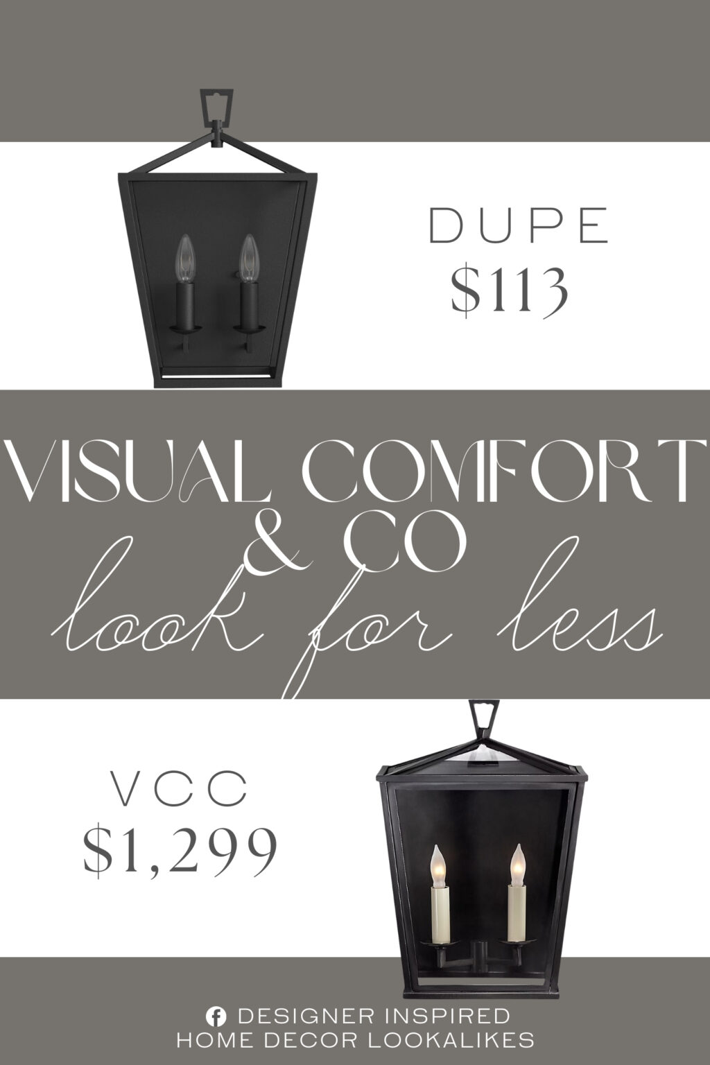 Visual Comfort & Co Darlana Small Lantern Dupe. It's made from metal with a tapered rectangular frame in a neutral finish that adds a classic appeal. Its open design helps this lighting fixture bring the look of an outdoor lantern indoors, with two candle holders for your 60W bulbs (sold separately).