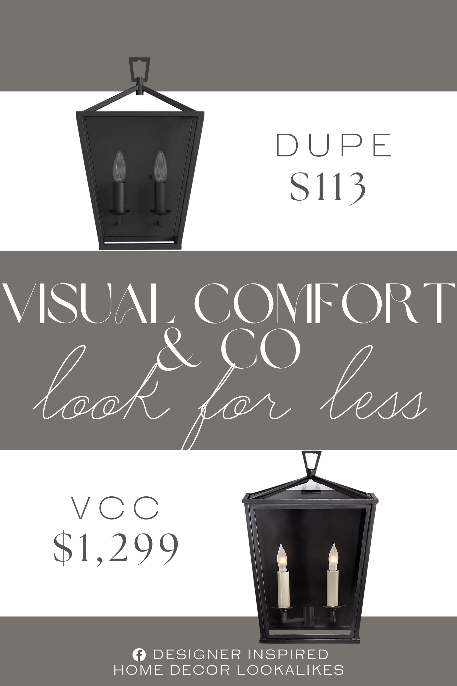 Visual Comfort & Co Darlana Small Lantern Dupe. It's made from metal with a tapered rectangular frame in a neutral finish that adds a classic appeal. Its open design helps this lighting fixture bring the look of an outdoor lantern indoors, with two candle holders for your 60W bulbs (sold separately).