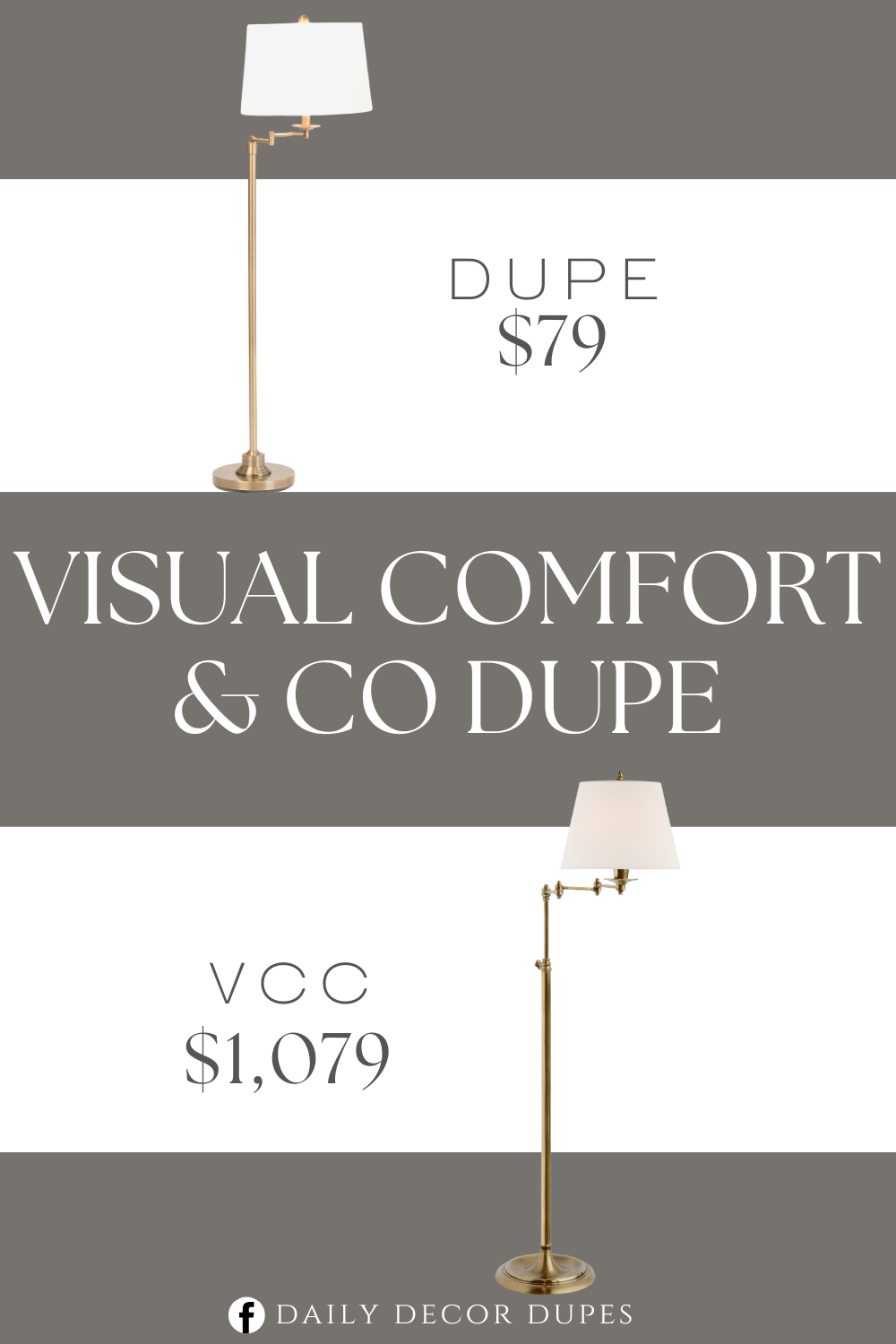 Visual Comfort & Co Triple Swing Arm Floor Lamp Dupe. adjustable swivel head, removable hardback shade, cloth covered cord, gold tone finish, ul listed. turn knob switch and metal. Lamp dimension: 15in D x 64in H, 7ft cord length.