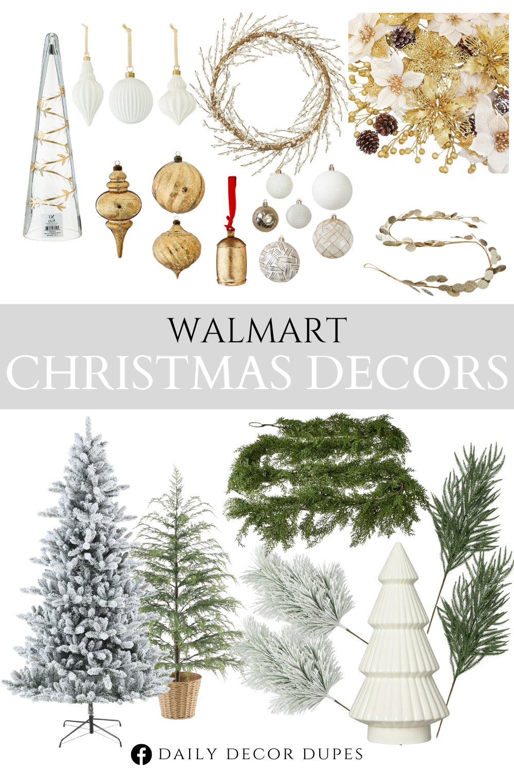 Walmart Christmas Decors 2024. Gold and Pearl Wreath, Gold Leaf Garland, Ceramic Hanging Ornaments, Shatterproof Mercury Ornaments, Glass Cone Christmas Tabletop Decor, Small White Ceramic Tree Decoration, Small White Ceramic Tree Decoration, Unlit Real-touch Cedar Evergreen Artificial Christmas Garland, Pre-Lit Twinkle LED Cypress Artificial Christmas Tree, Metal Hanging Bell, Green Pine Christmas Decoration Pick, Pre-Lit Flocked Birmingham Fir Artificial Christmas Tree, Pinecone Frosted Christmas Decoration Pick, Christmas Flowers Decorations.