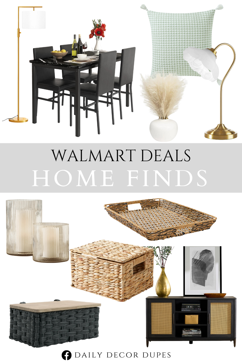 Walmart Deals Home Finds 2024. Rattan Rectangular Serving Tray. Basket with Lid. Cotton Decorative Pillow with Tassels. Artificial Pampas in White Rounded Ceramic Vase. Clear Glass Ribbed Candle Holder Hurricane. Glass Petal Shade Table Lamp with Gold Metal Base. Springwood Cane TV Stand. Iron Modern Standing Lamp. 5 Piece Dining Table Set.