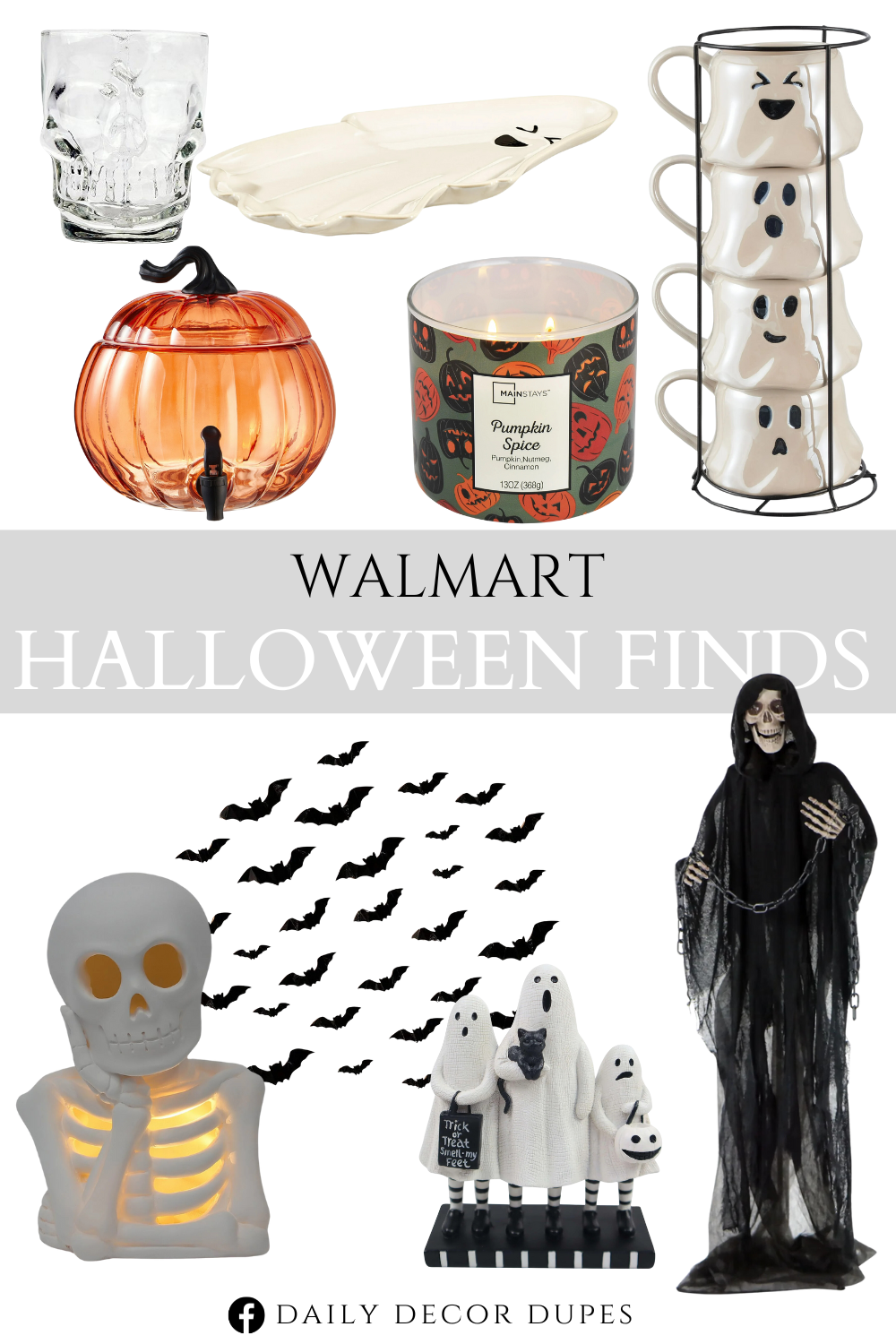 Walmart Halloween Finds. 3D Bats Stickers. Haunted Hill Farm Life-Size Animated Grim Reaper Prop. Pumpkin Spice Halloween Candle. Halloween White Resin LED Skeleton Tabletop Decoration. Halloween Earthenware Ghost Shaped Serving Tray. White Ghost Stoneware Stackable Mug Set with Iron Rack. Glass Skull Face Drinking Mug. Orange Pumpkin Glass Dispenser.