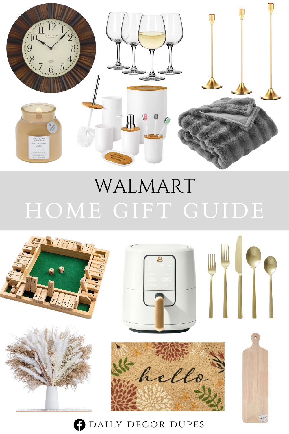 Walmart Home Gift Guide. Arabic Ripple Frame Analog Wall Clock. 6 Pcs Bamboo and Plastic Bathroom Accessories Sets. Grey Bubble Faux Fur. WINE GLASS. Wooden Board with Handle. Hello Bloom Outdoor Coir Mat. Metal Gold Taper Candle Holder Candlestick Holders. 10 Numbers Traditional Wooden Pub Bar Board Family Game Dice. Soft Cashmere Amber Scented Wooden Wick. Natural Dried Pampas Grass Boho Home Decor. Gold Stainless Steel Flatware Set. Air Fryer with TurboCrisp Technology.