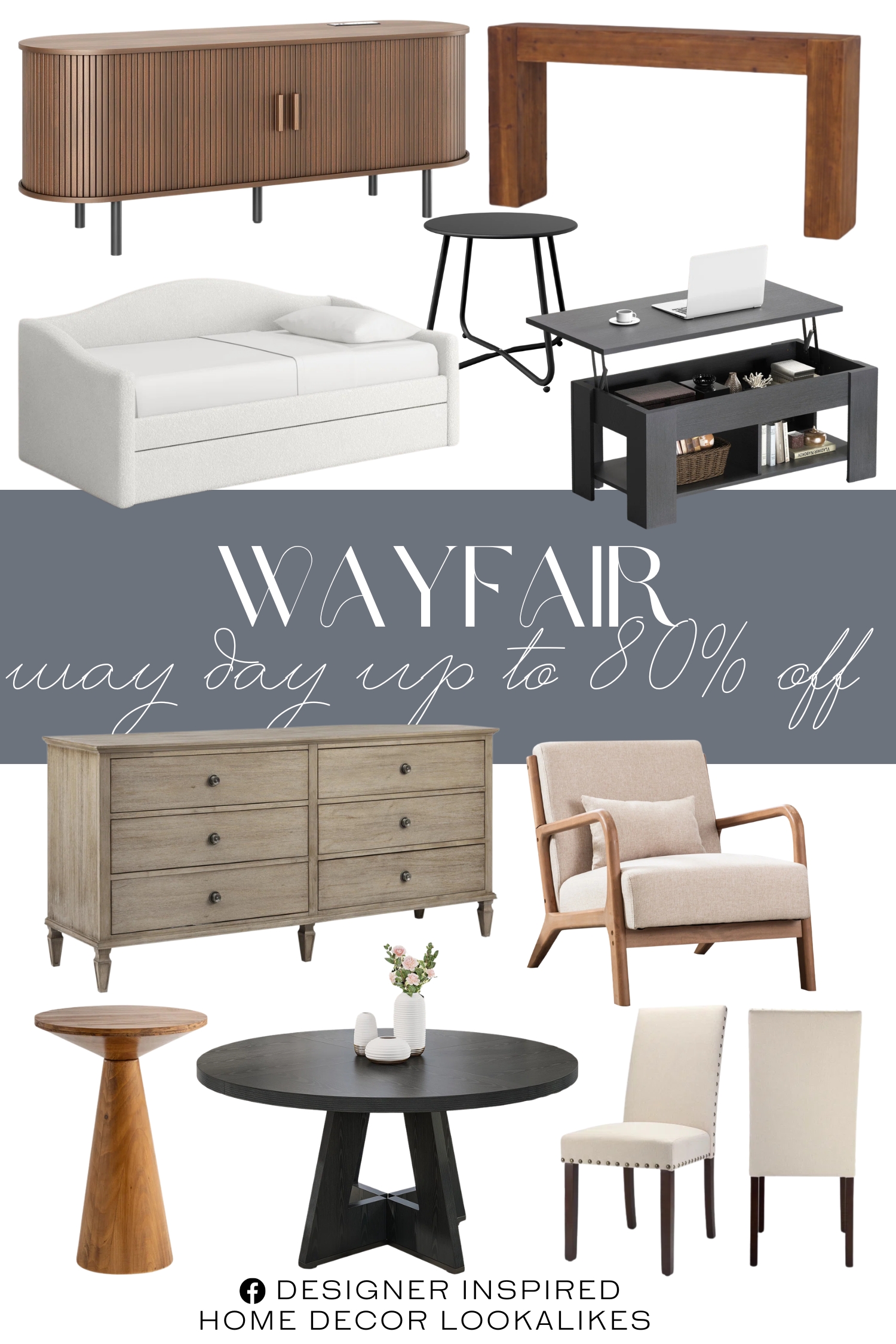 Wayfair Way Day Sale. Round Dining Table. Solid Wood Console Table. Linen Dining Chair. Sparta Lift Top Extendable Coffee Table With Storage. Mid Century Upholstered Solid Wood Accent Chair. Modern Wood TV Stand with Storage and Shelves. Solid Wood End Table. Outdoor Round End Table. 6-Drawer Double Wide Wood Dresser. Boucle Upholstered Twin Daybed with Trundle.