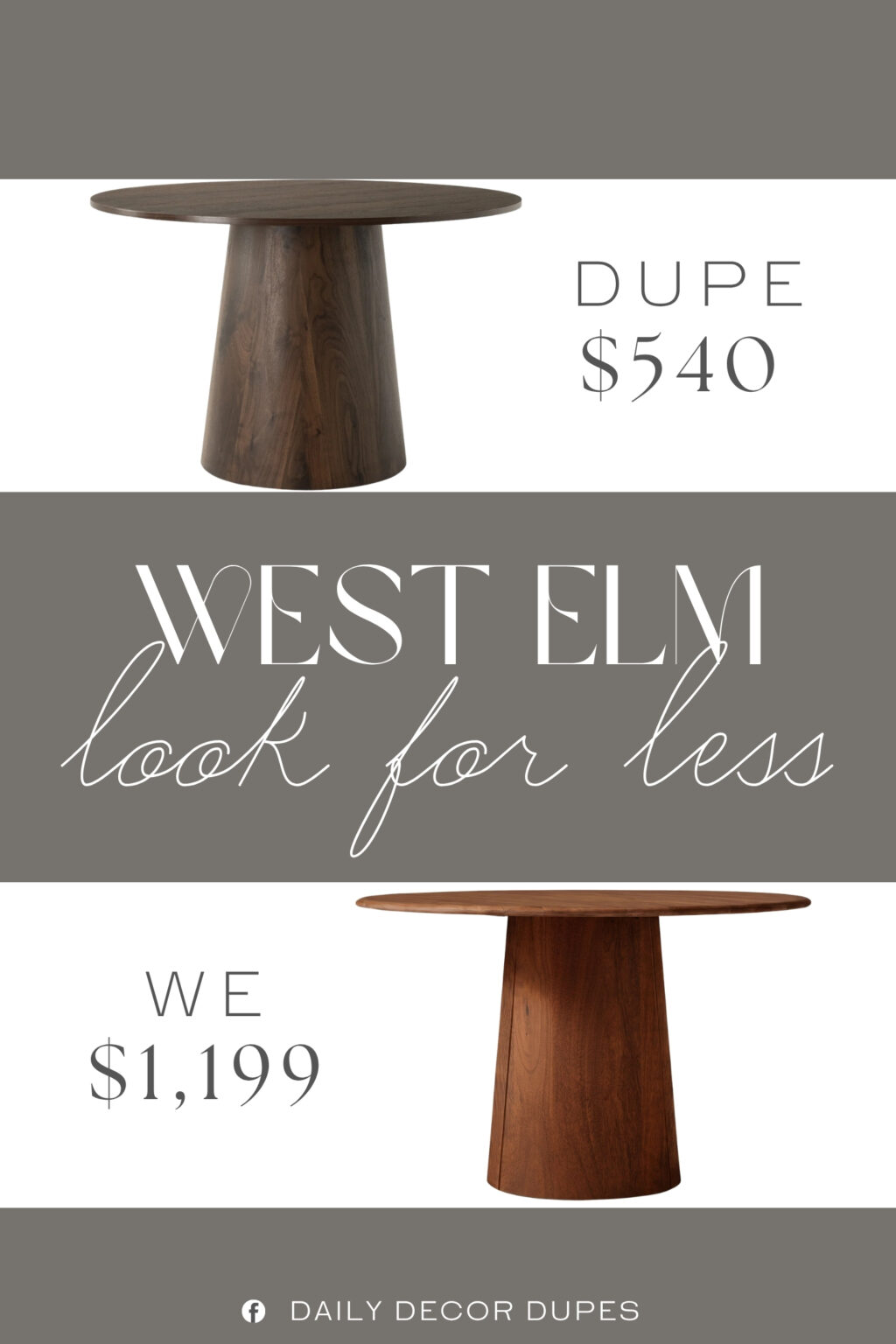 West Elm Anton Solid Wood Round Pedestal Dining Table Dupe. It's crafted from engineered wood with a cone-shaped pedestal base that provides maximum legroom and stability for your space. The smooth tabletop features visible woodgrain for added depth, creating a warm and inviting look for daily meals.