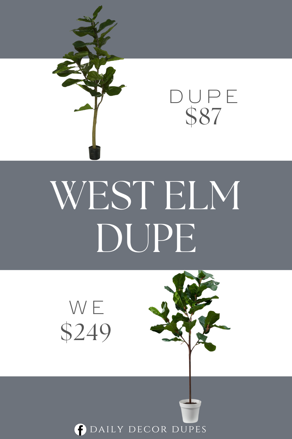 West Elm Artificial Fiddle Leaf Tree Dupe. Large green leaves, small weighted base. The tree's large green leaves are a lovely accent, while the small weighted base lets you place it inside a decorative urn or planter of your choice.