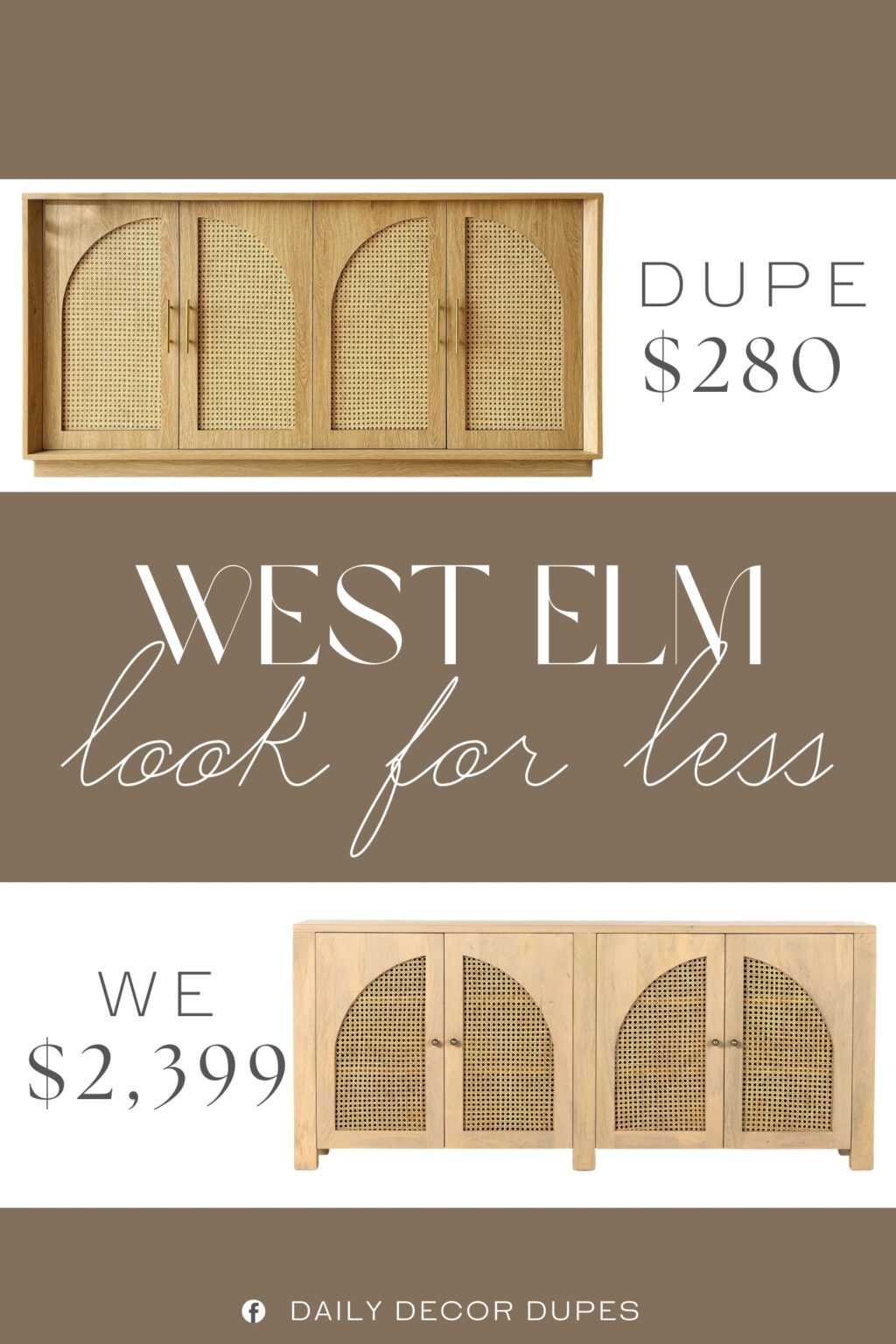West Elm Cane Arches Buffet Dupe. Crafted with rattan arched doors and a light oak wood finish, this Rattan Sideboard offers a perfect blend of modern and boho styles.