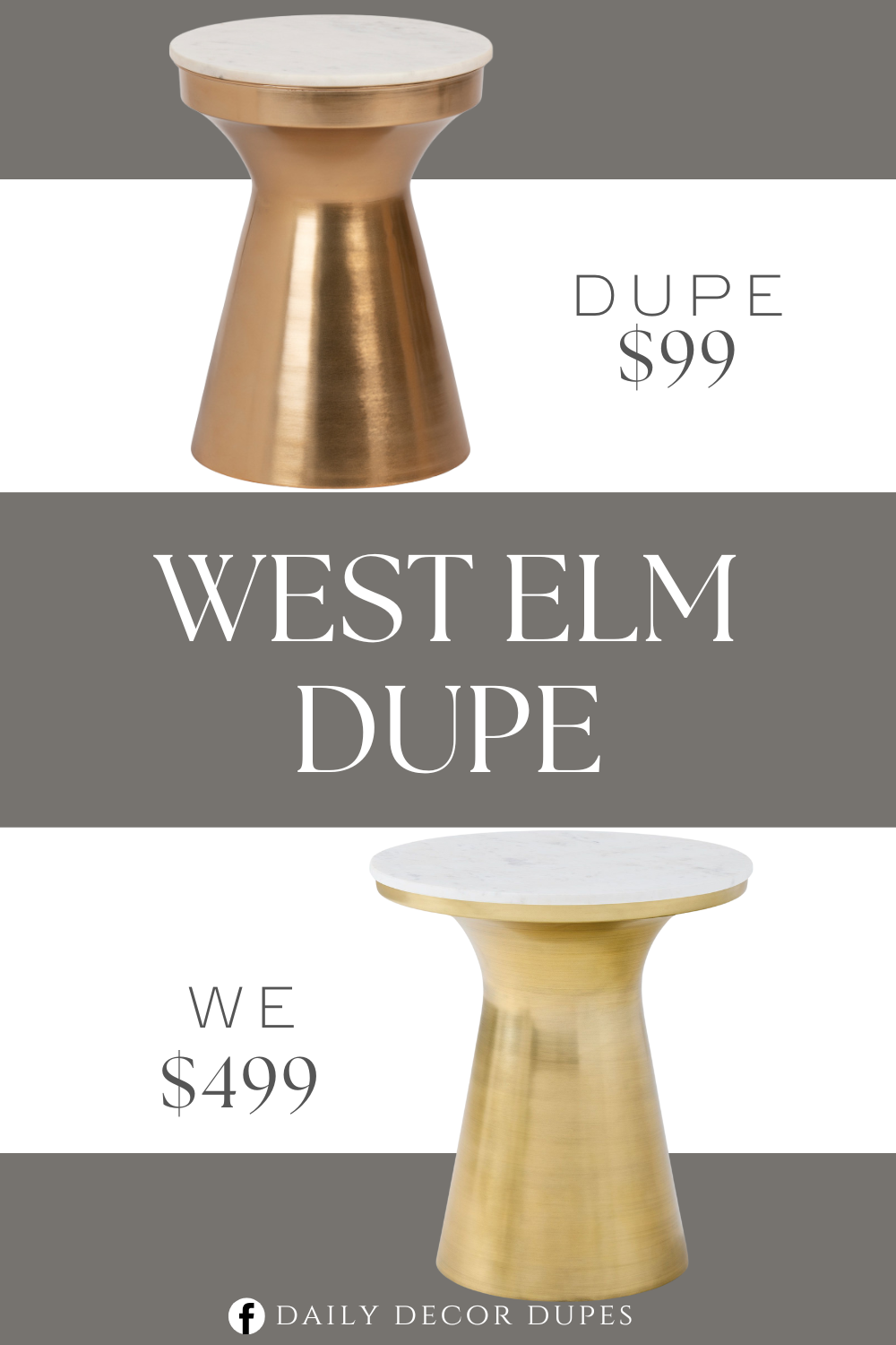 West Elm Marble Topped Pedestal Side Table Dupe. Marble Tabletop Metal Accent Table. Hourglass base, marble tabletop. gold tone hardware.