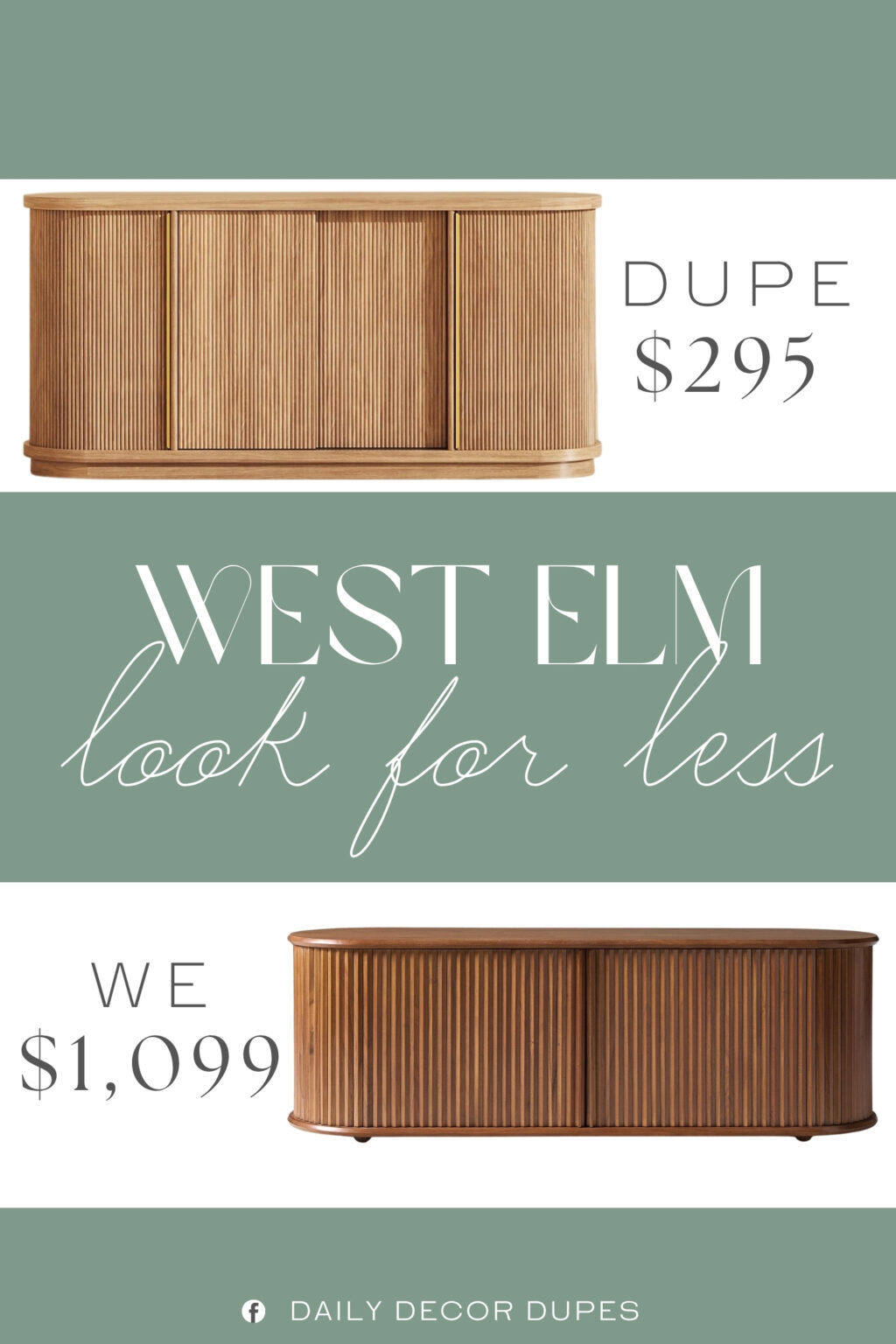 West Elm Melli Solid Wood Media Console Dupe. features a stunning oval silhouette with rounded edges and continuous vertical fluting. The elegant "Camel" wood finish is accented by luxurious gold metal vertical trim, blending Mid-Century Modern charm