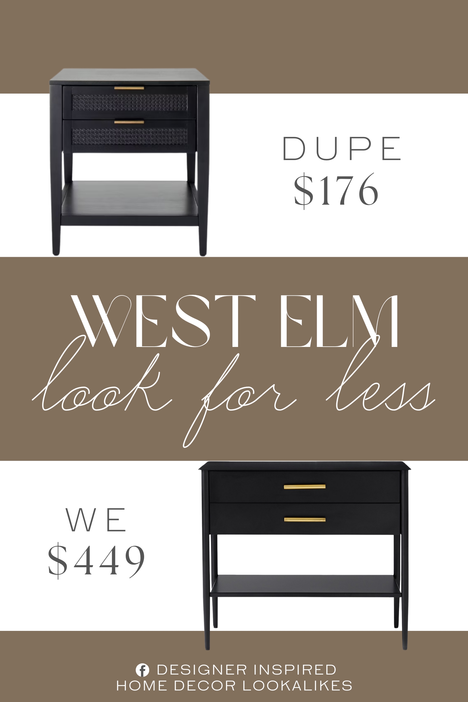 West Elm Metalwork Grand Nightstand Dupe. 2-drawer wood-finish accent table. Wood veneer tabletop. Features woven material on front of drawers.