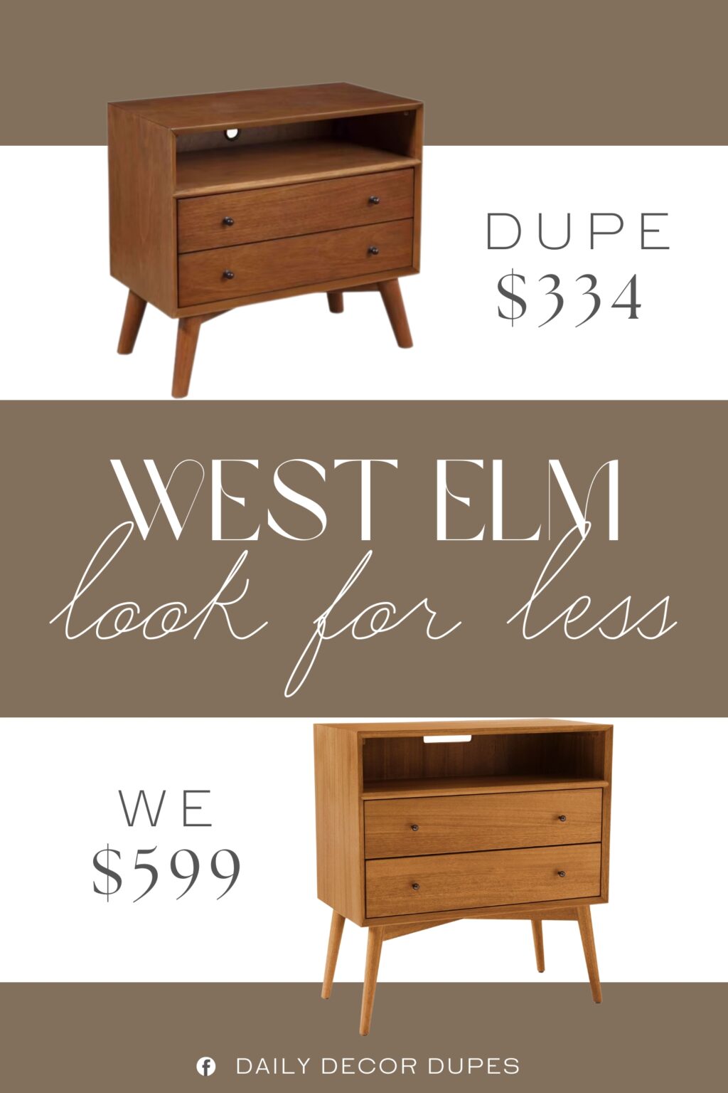 West Elm Mid-Century Grand Nightstand Dupe. Featuring a sturdy construction of solid wood and veneer in the hue of brown it incorporates 2 drawers accented with black finished knobs and an open compartment.
