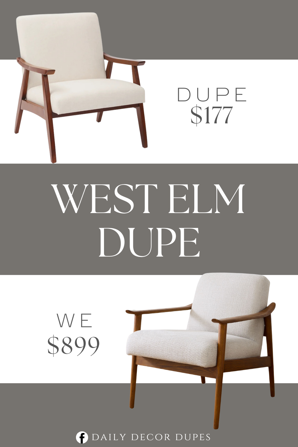 West Elm Mid-Century Show Wood Armchair Dupe. Crafted from solid wood in a medium espresso finish, and upholstered with a polyester blend in a solid hue that is filled with foam. It features a cushioned back and flared arms.