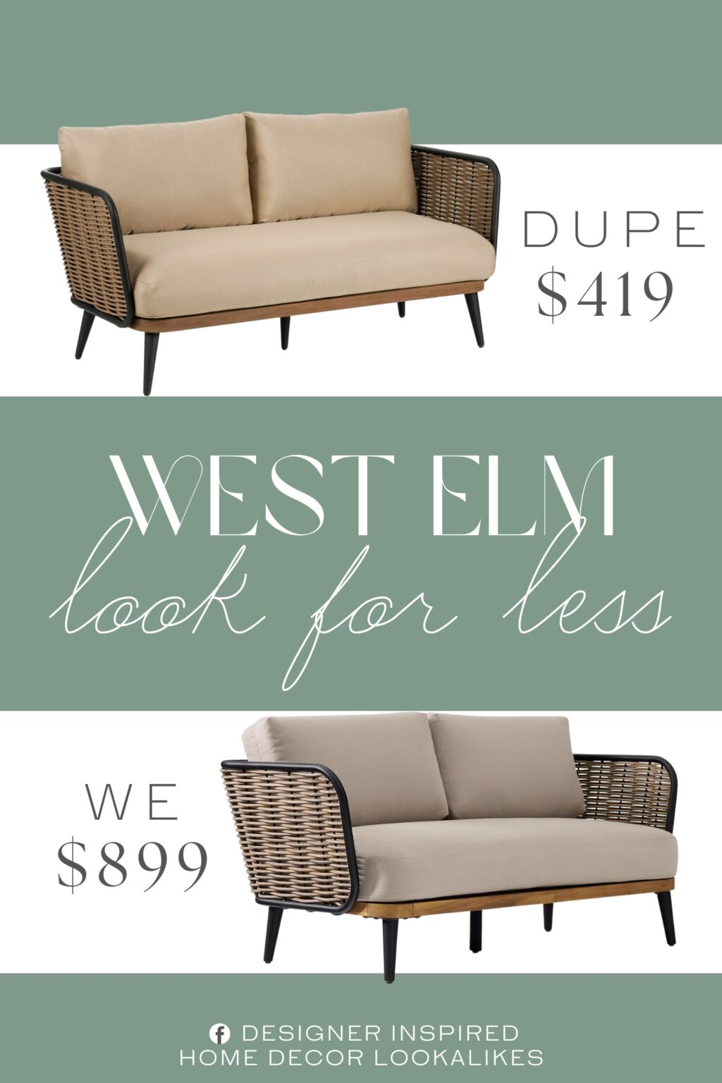 West Elm Oceanview Outdoor Loveseat Dupe. Constructed with a PE rattan and iron frame for long-lasting durability.