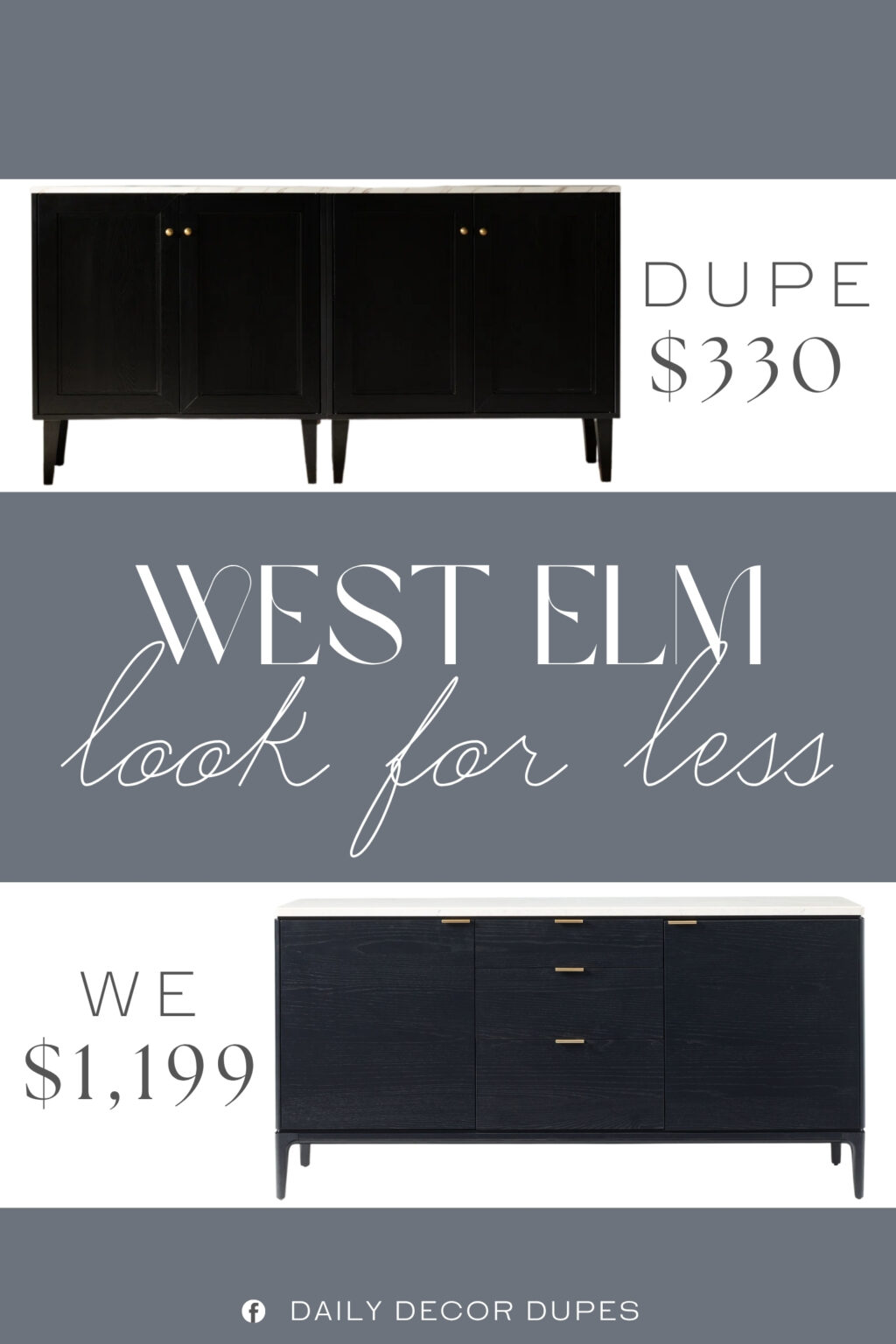 West Elm Parker Marble Buffet Dupe. This elegant accent cabinet features a white faux marble top with earth toned veins and gold hardware handles. With adjustable shelves, it offers ample storage space and is perfect for any room in your home.