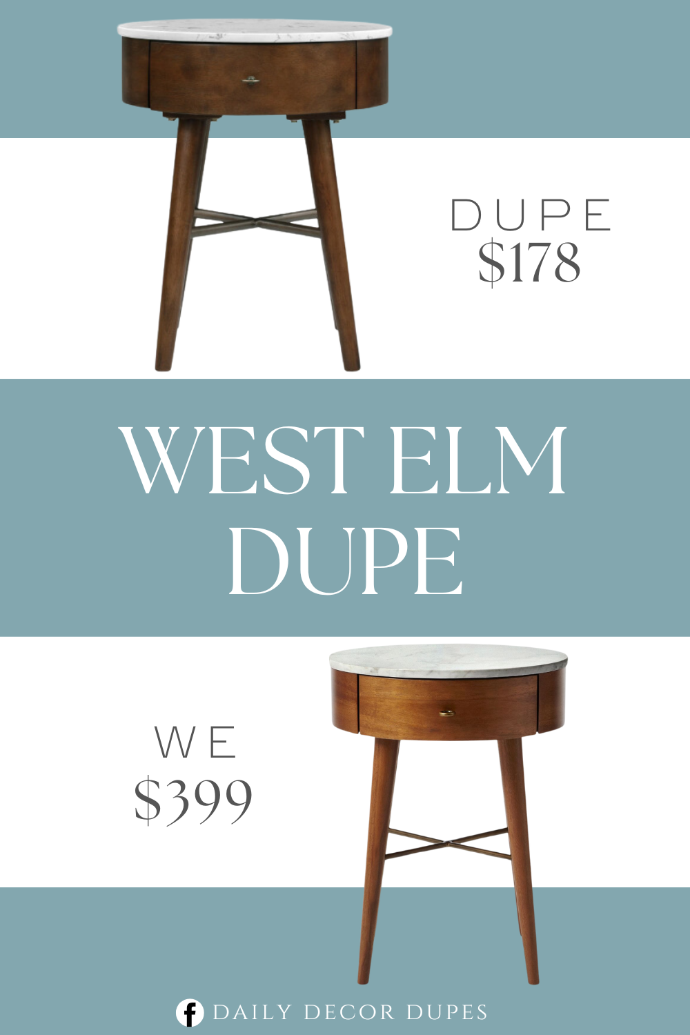 West Elm Penelope Nightstand Dupe. Features a drawer for storing essential items. Made of wood veneer, rubberwood, and marble top for durability.