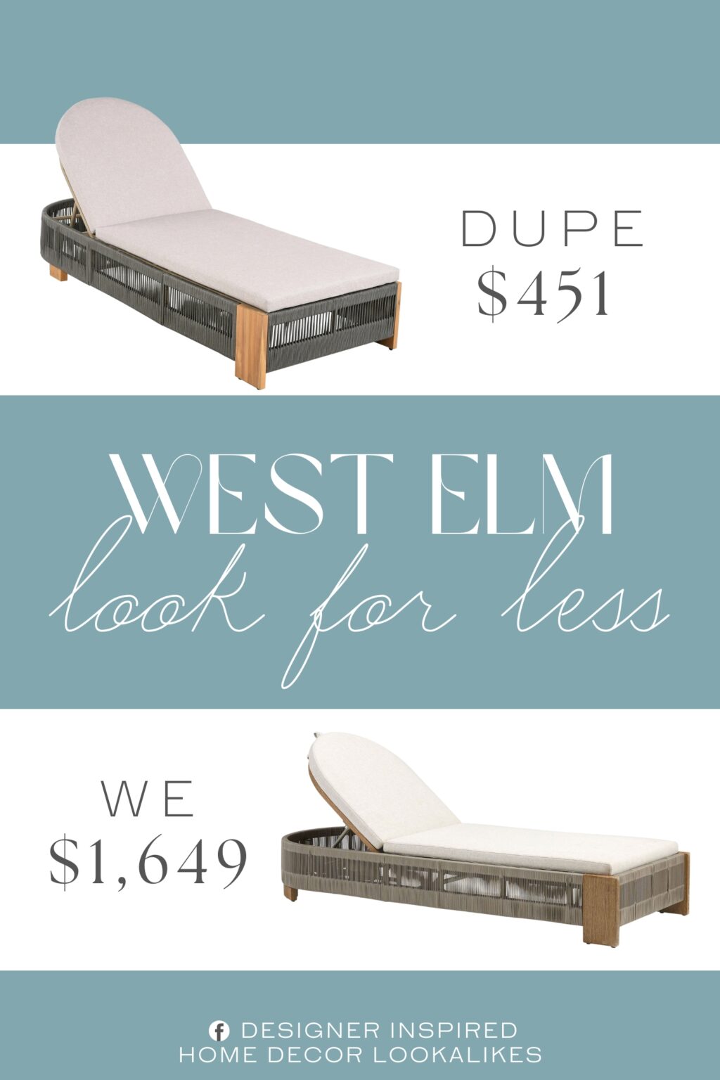 West Elm Porto Outdoor Chaise Lounge Dupe. Crafted with an acacia wood frame and iron accents, offering natural resistance to decay and outdoor wear.