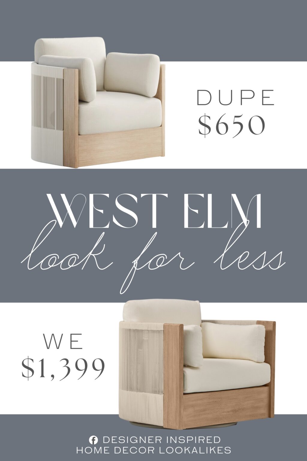 West Elm Porto Outdoor Swivel Chair Dupe. Crafted with FSC-certified wood, handwoven polypropylene rope, and plush, machine-washable cushions, it’s built to weather the elements while elevating your patio, garden, or balcony with modern elegant charm.