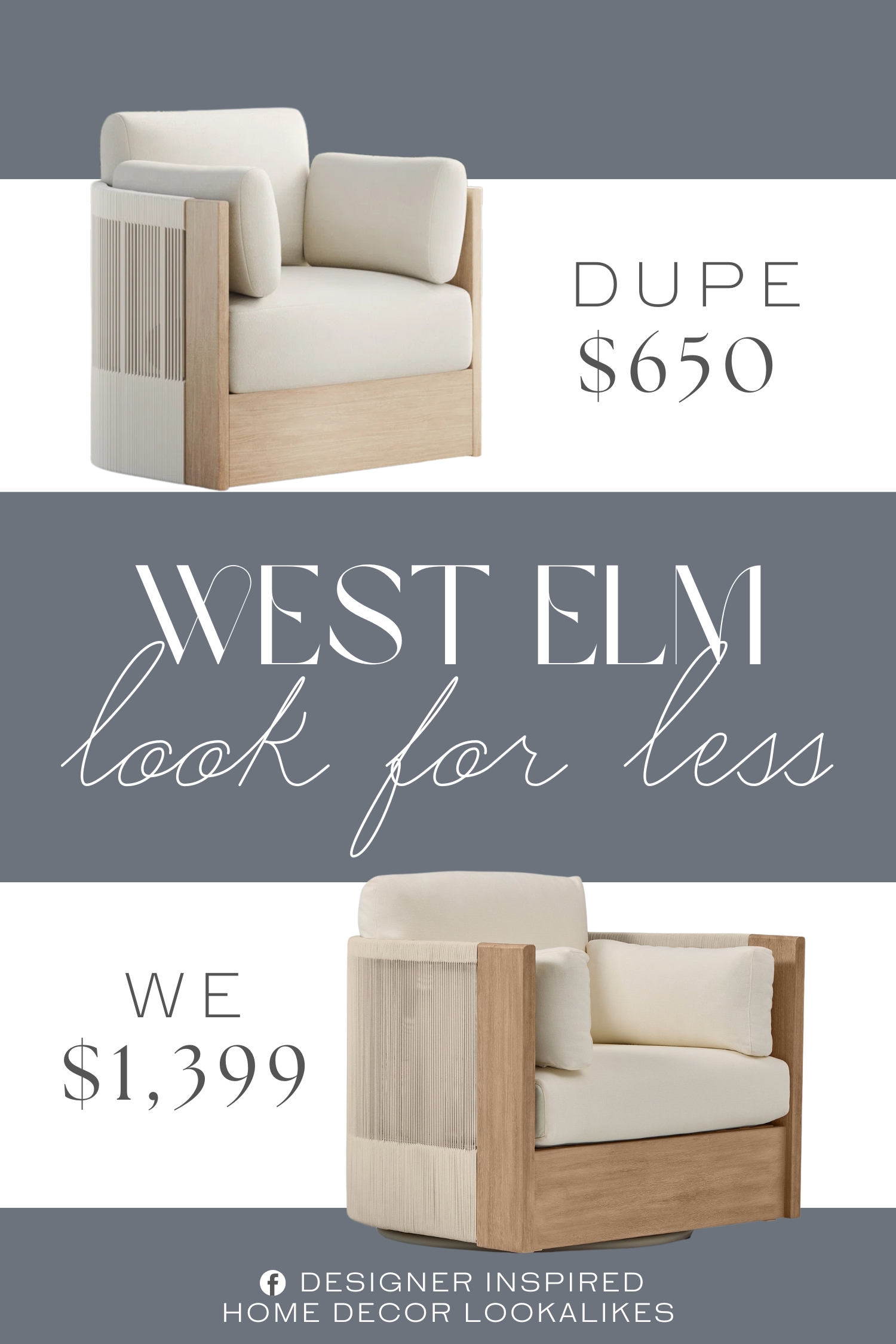 West Elm Porto Outdoor Swivel Chair Dupe. Crafted with FSC-certified wood, handwoven polypropylene rope, and plush, machine-washable cushions, it’s built to weather the elements while elevating your patio, garden, or balcony with modern elegant charm.