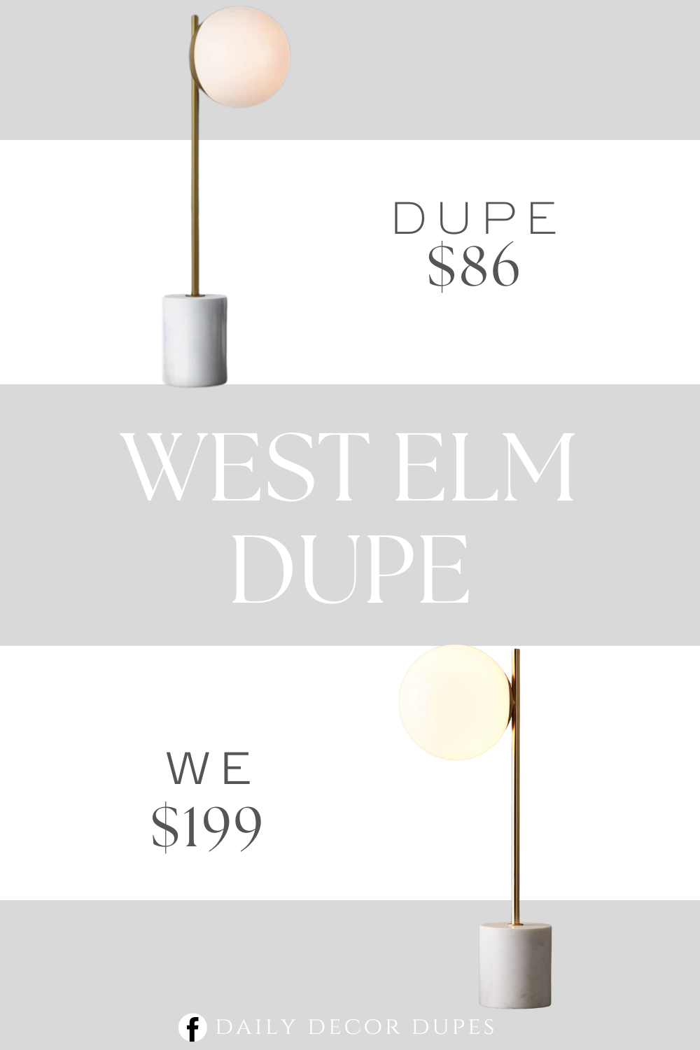 West Elm Sphere & Stem Table Lamp Dupe. Drawing inspiration from mid-century modern style, it features a cylindrical marble base with a slender metal body and a matching cap up top in a versatile solid finish. Aspherical glass shade completes the look.