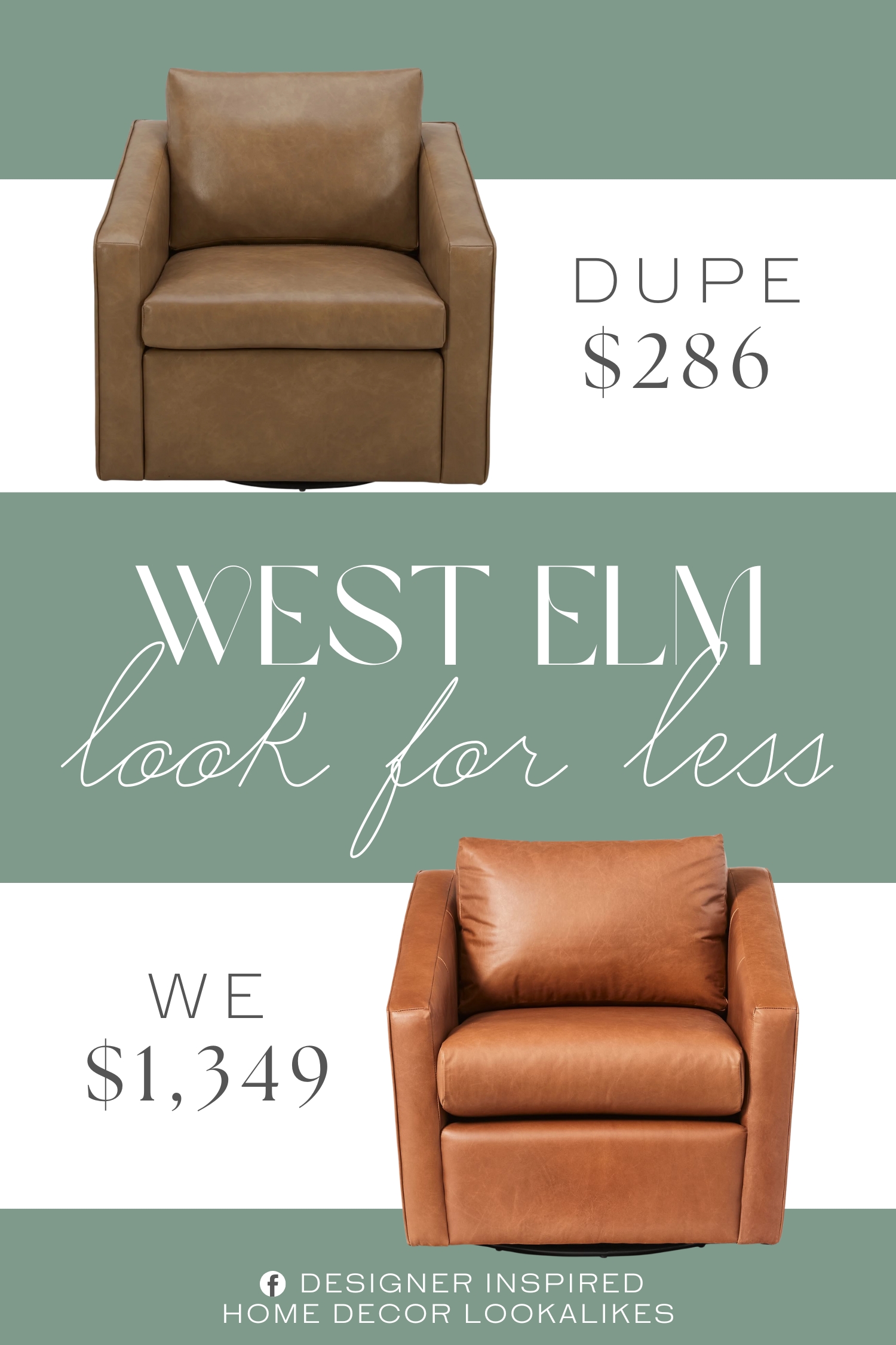 West Elm Tessa Deco Leather Swivel Chair Dupe. 360-degree swivel base for easy movement. Square arms and camel faux leather fabric add sophistication.
