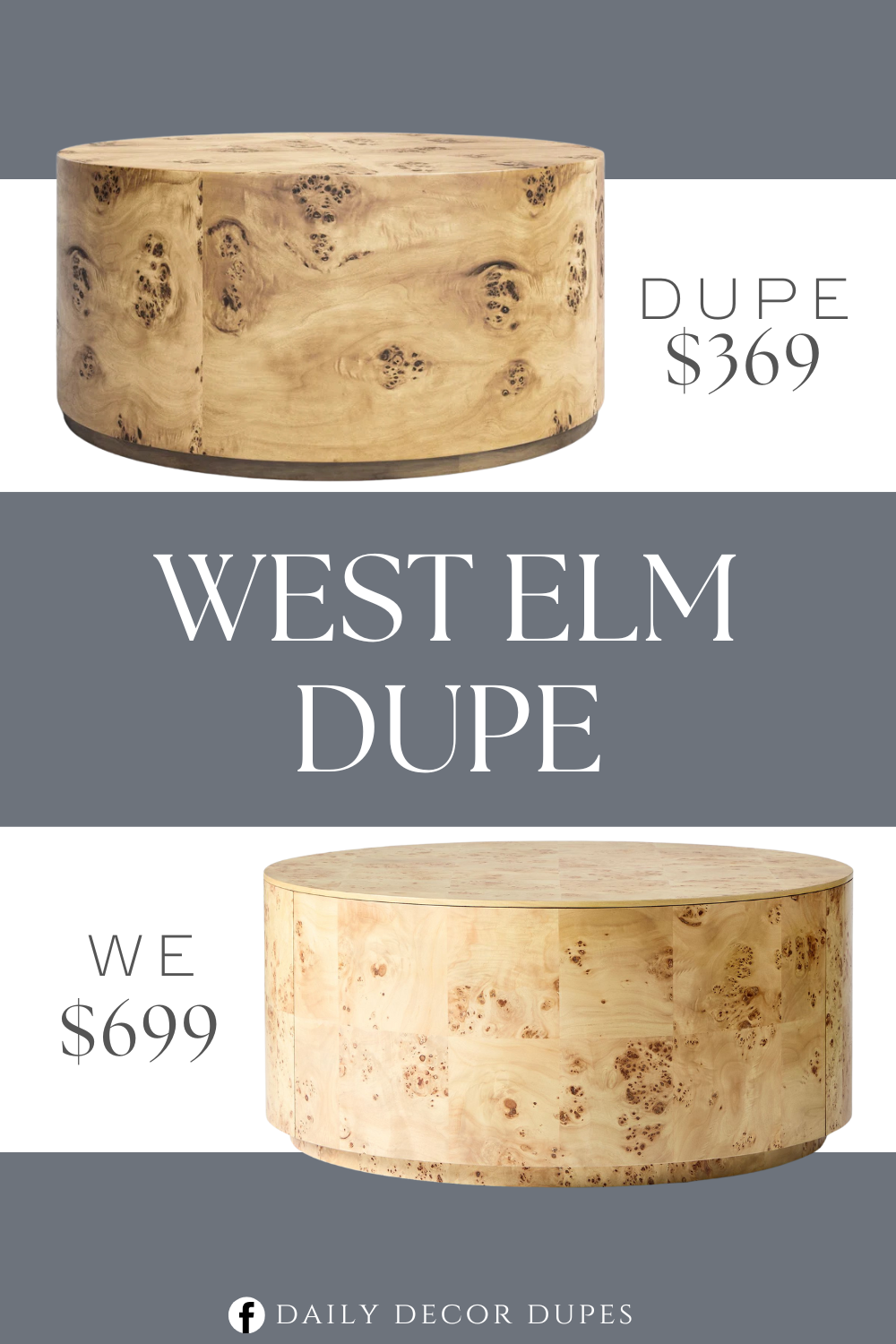 West Elm Volume Round Drum Coffee Table Dupe. Crafted from solid wood, the tabletop and base are stain-resistant, so it stands up to everyday use. Burl wood is known for its natural beauty, featuring a variety of swirling and twisting patterns that are unlike any other type of wood.