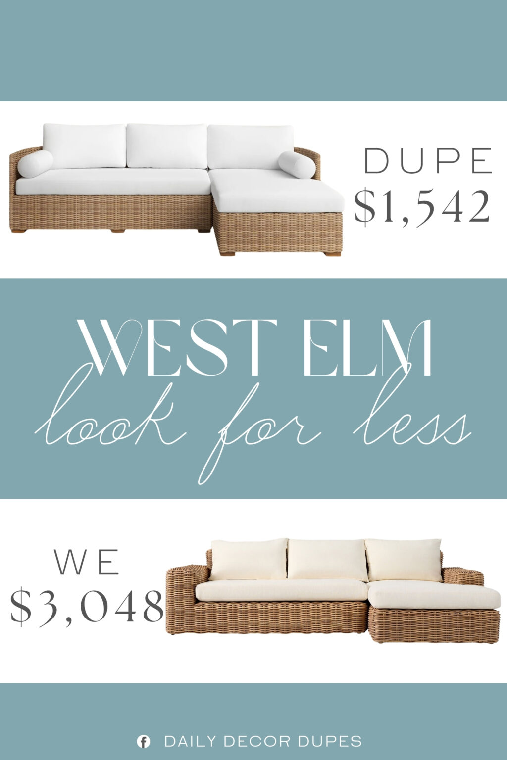 West Elm Westport Wicker Outdoor 2-Piece Chaise Sectional Dupe. L-shaped patio sectional set features a PE wicker frame and acacia wood legs, showing off a stunning mix of materials. With seating for three, this set includes plush, foam-filled cushions packed within a crisp white polyester cover.